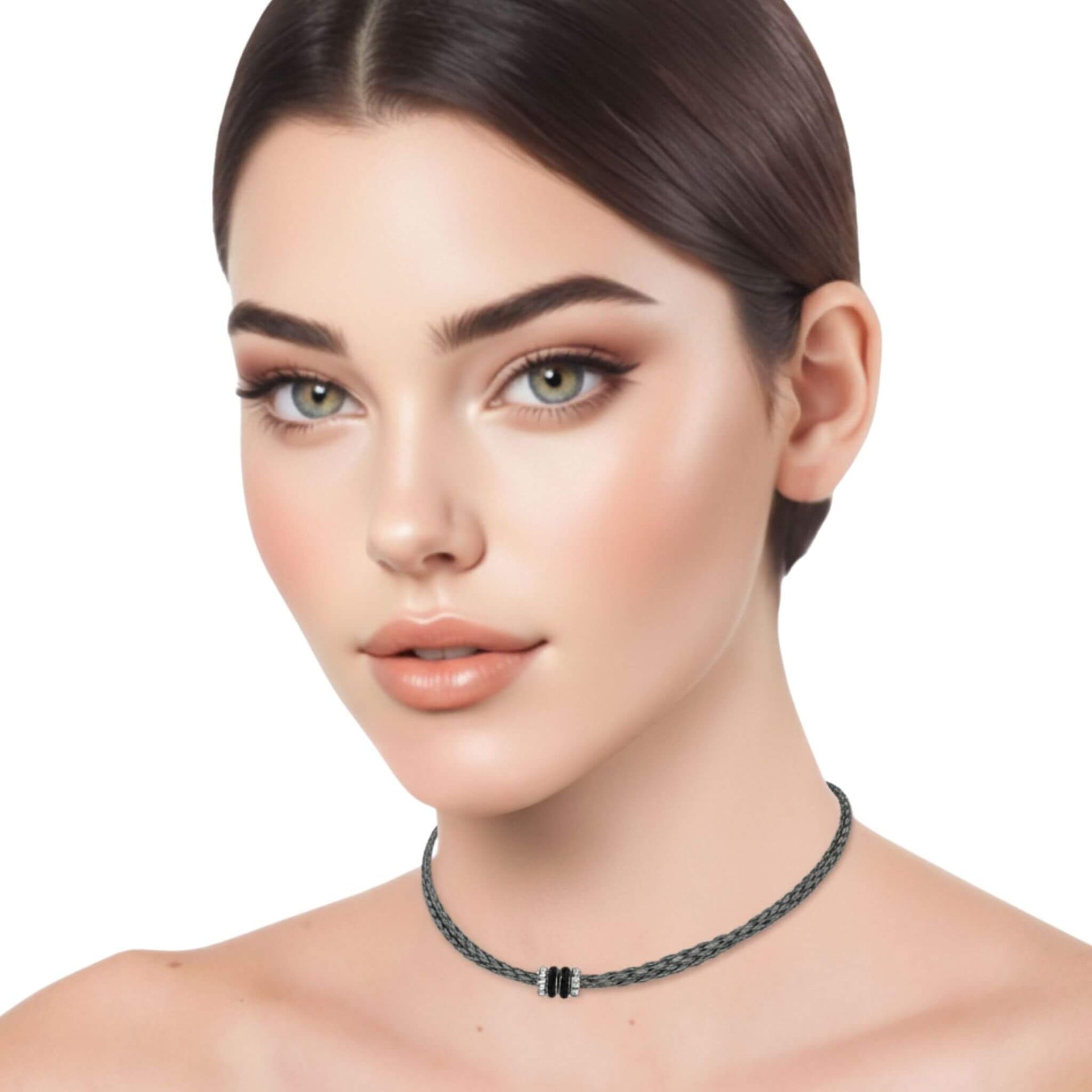 Collar gargantilla de cuero sintético trenzado gris y rondelles de strass