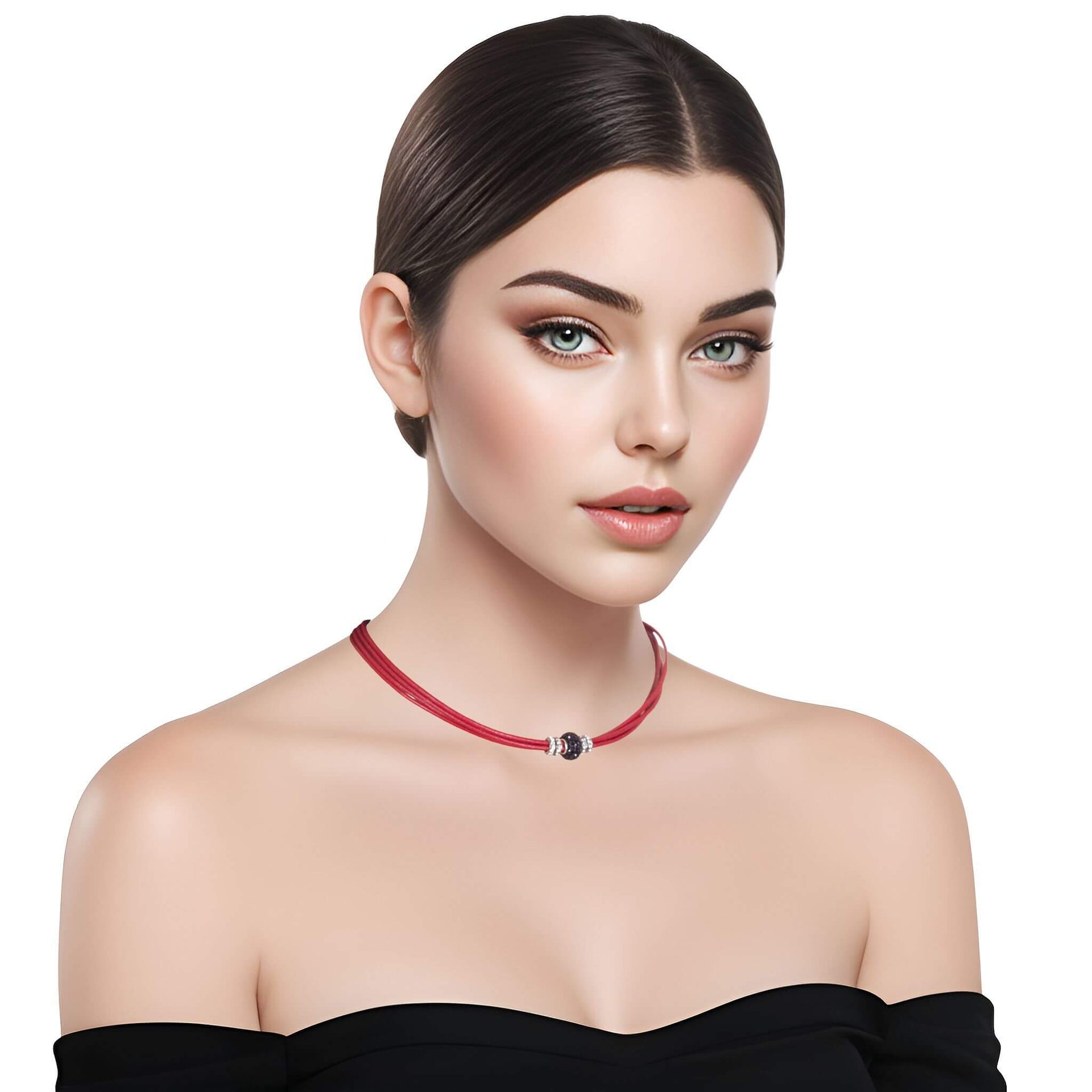 Collar gargantilla de cuero rojo y brillantes de cristal negro