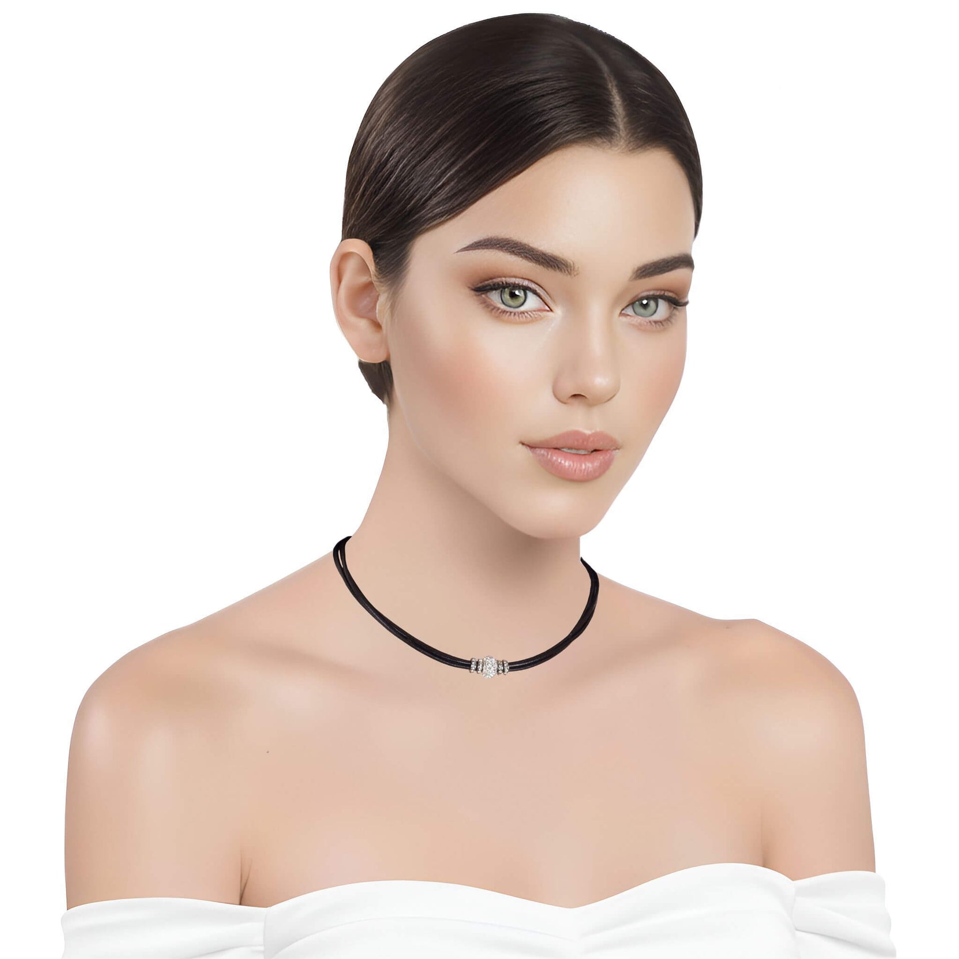 Collar gargantilla de cuero negro y brillantes de cristal blancos