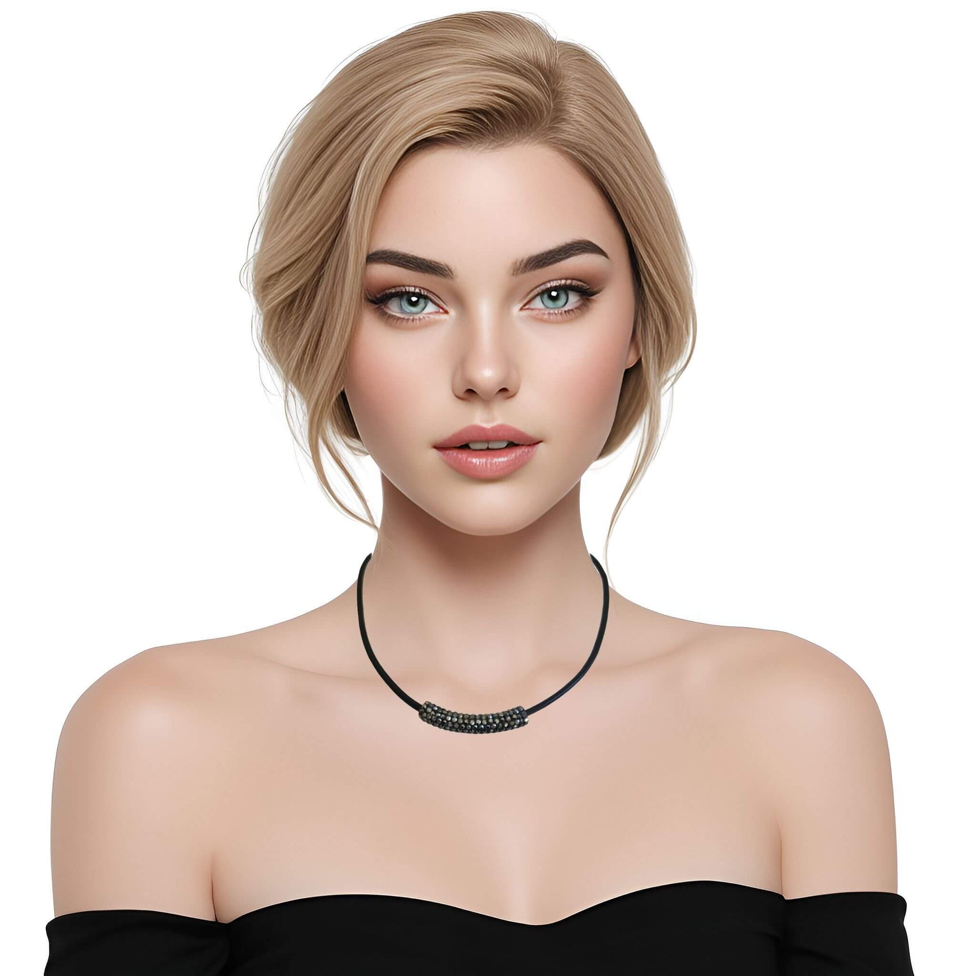 Collar gargantilla de cuero negro y tubo de strass negro