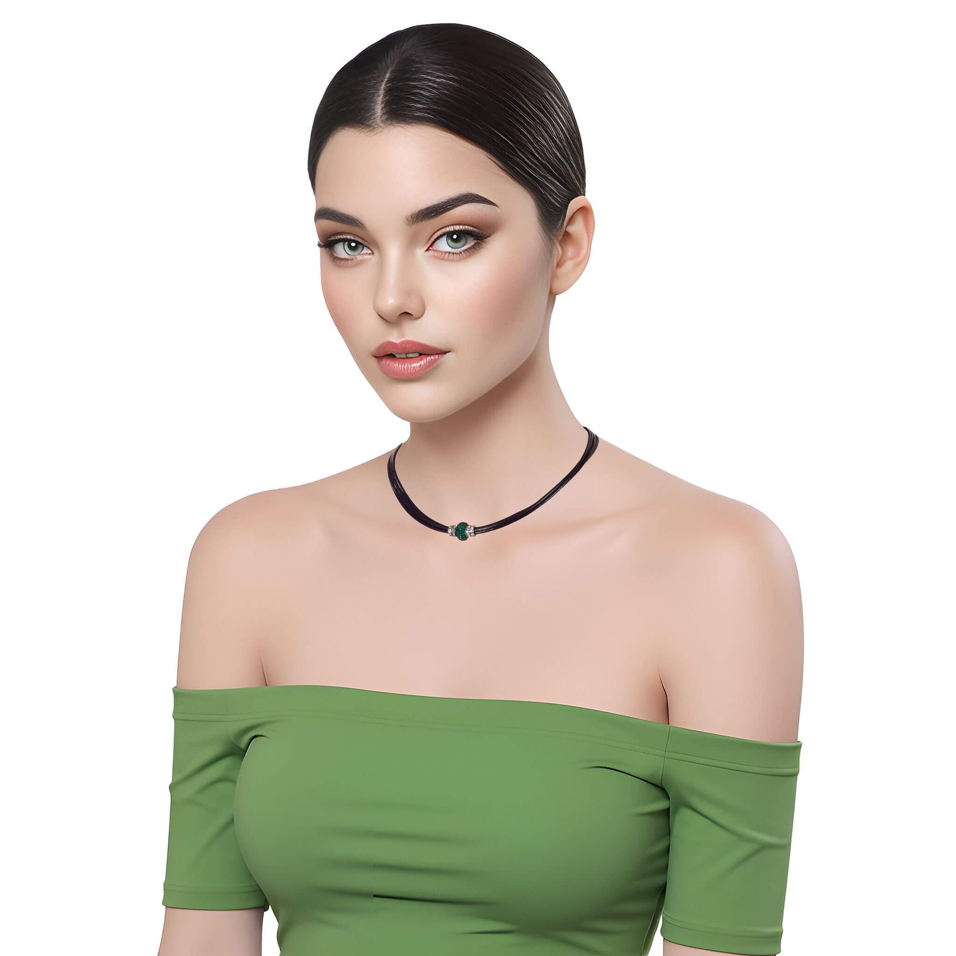 Collar gargantilla cuero negro y brillantes de cristal verde