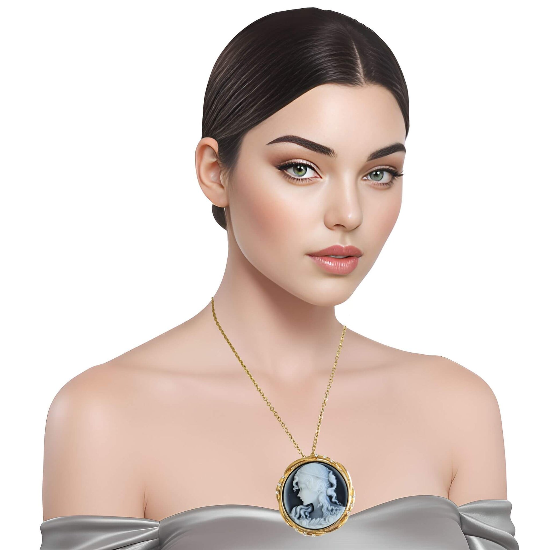 Broche colgante camafeo redondo en metal dorado. Figura mujer color crema con fondo gris. Rodeado de brillantes de strass. Diámetro de 4,5 cm. Se puede usar como colgante.