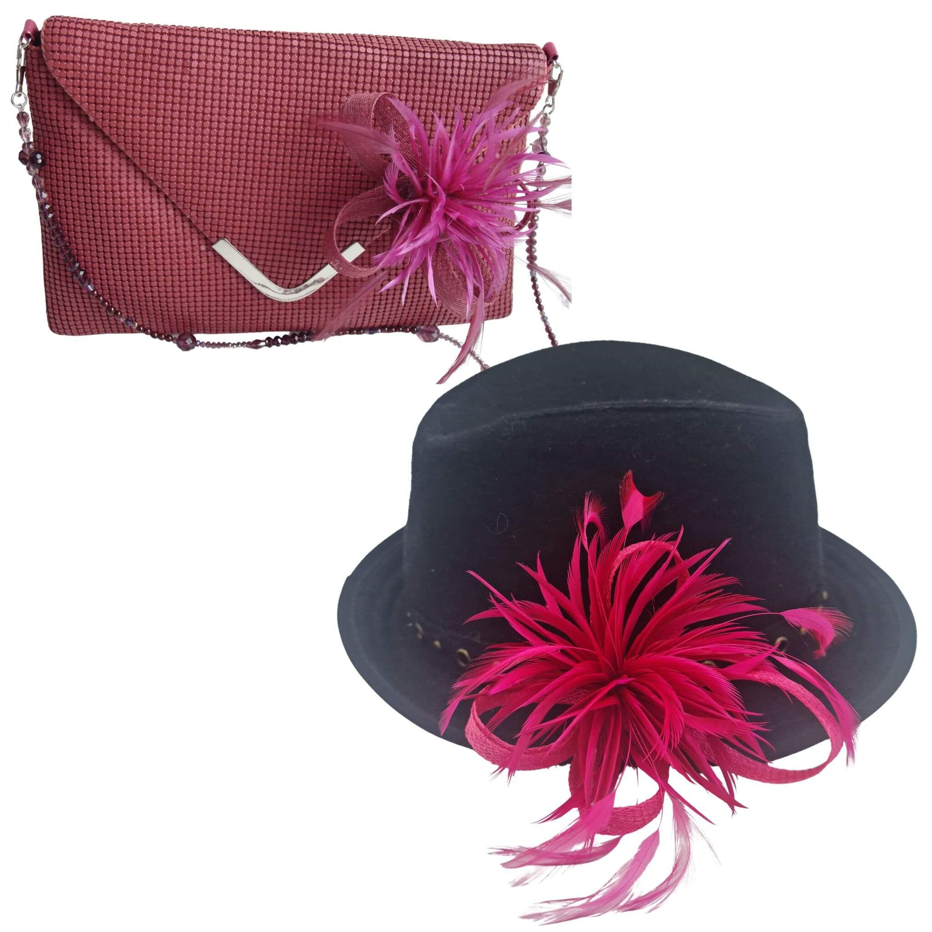Broche-tocado de plumas en color fucsia . Mide 15 cm x 12 cm aproximadamente. En la parte trasera lleva metal plateado con alfiler para usarlo como broche y una horquilla para lucirlo en el pelo como un tocado. También puede lucirse decorando un bolso o un sombrero.
