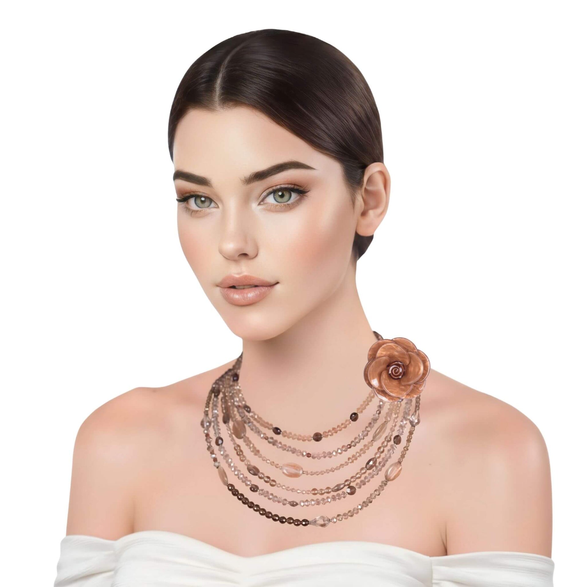 Collar de cuarzo fumé y cristal de 6 vueltas y broche camelia flor chocolate