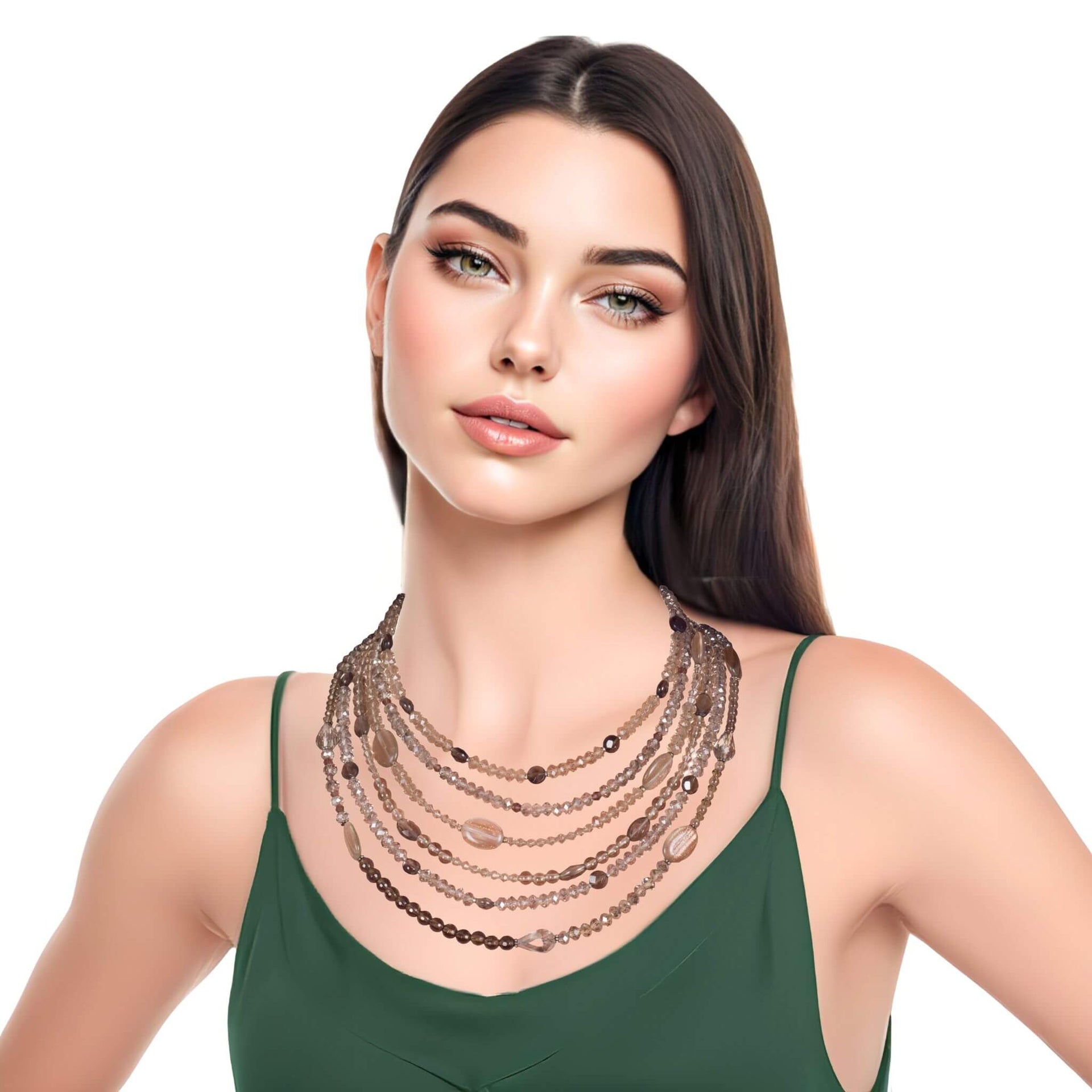 Collar de cuarzo fumé y cristal de 6 vueltas