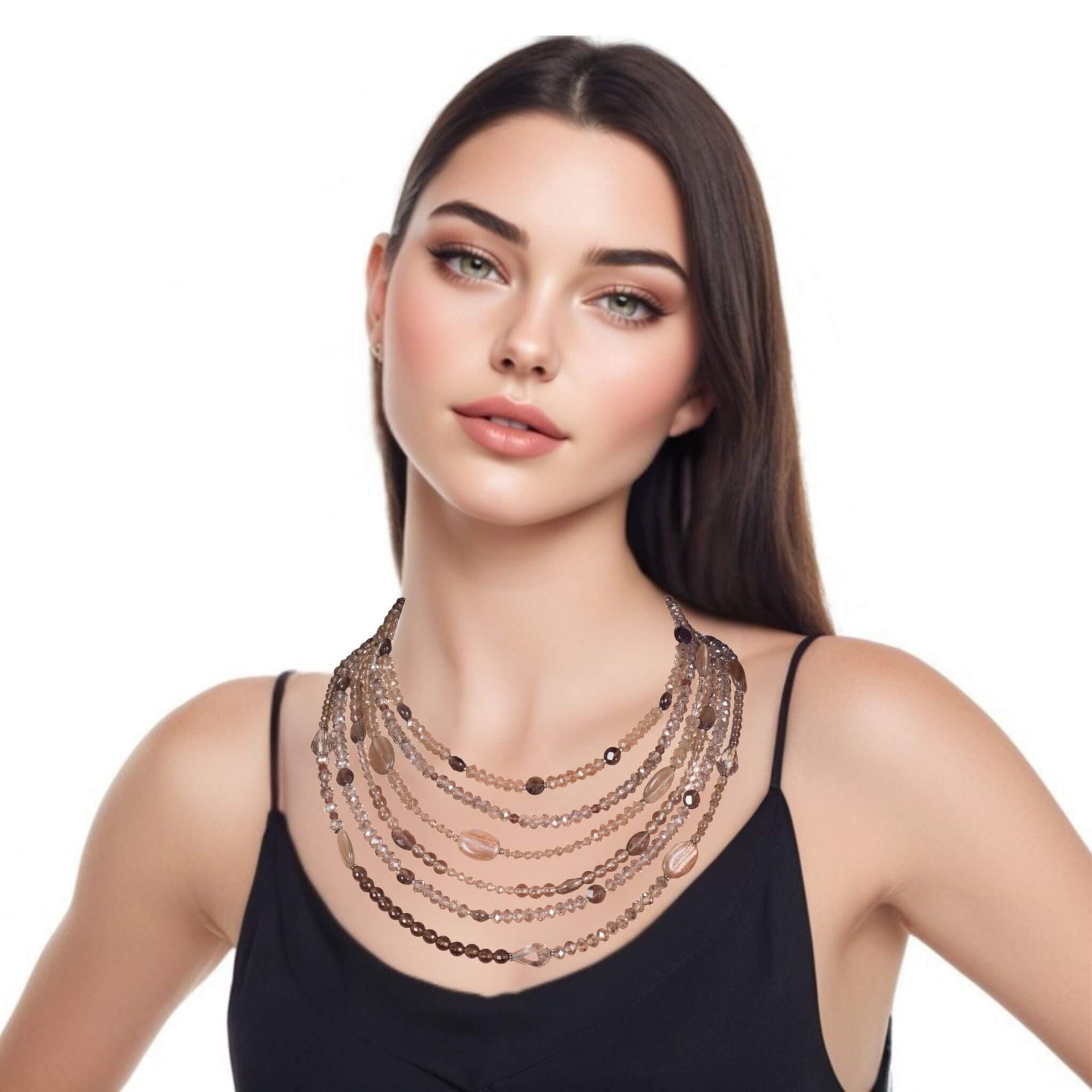Collar de cuarzo fumé y cristal de 6 vueltas