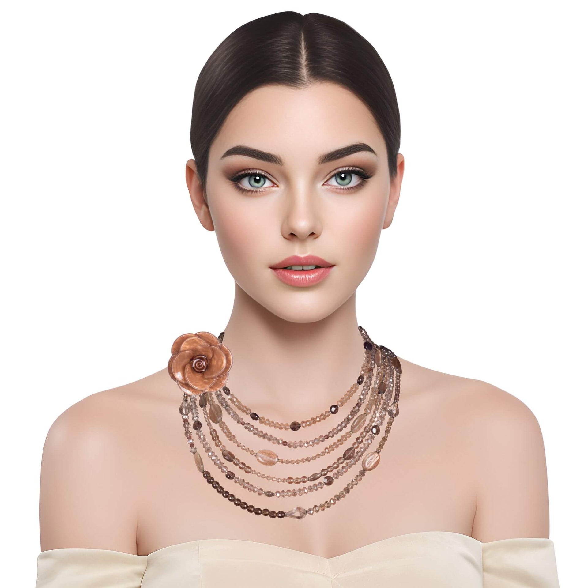 Collar de cuarzo fumé y cristal de 6 vueltas