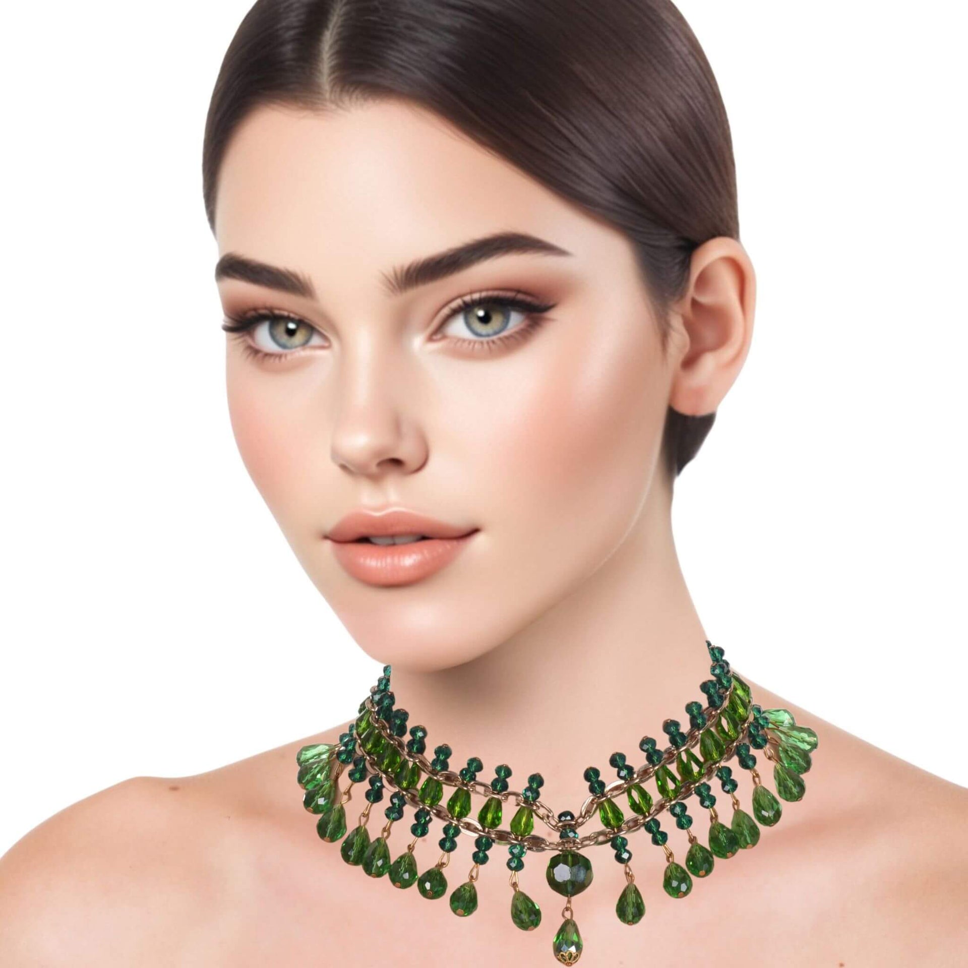 Collar de cristal de lágrimas verdes colgantes y cadena dorada