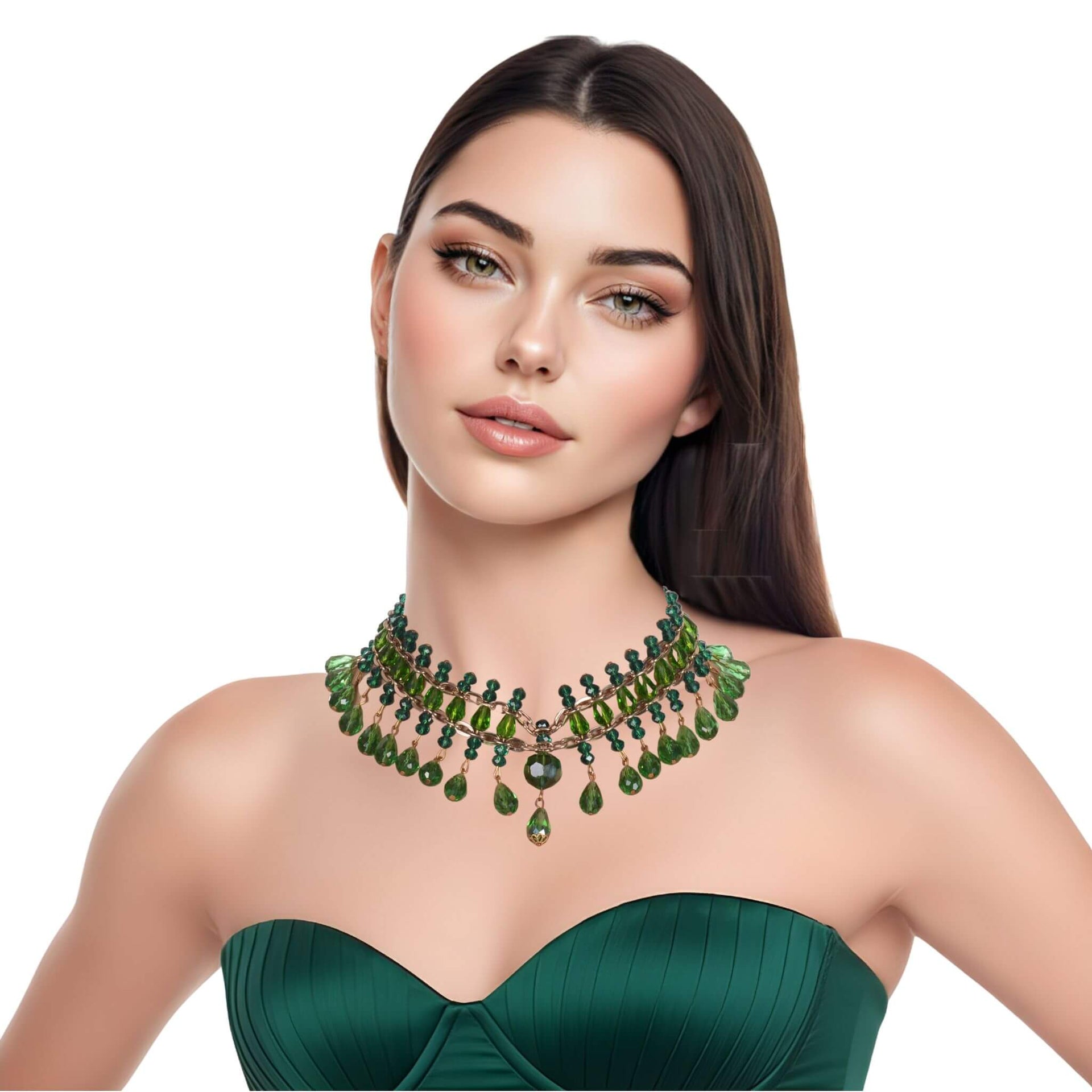 Collar de cristal de lágrimas verdes colgantes y cadena dorada