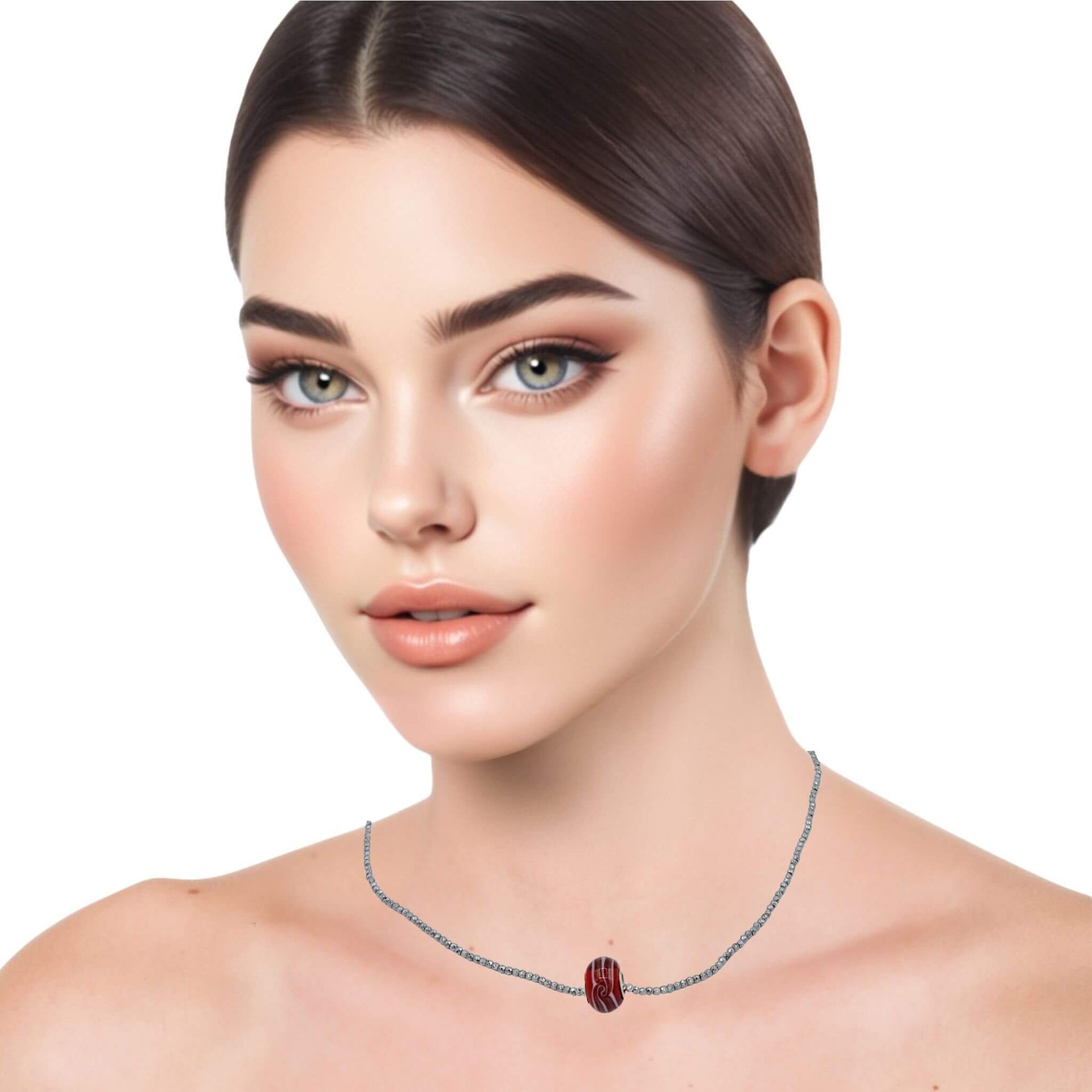 #color_silver Collar de hematite plata y pieza central de cristal de murano rojo