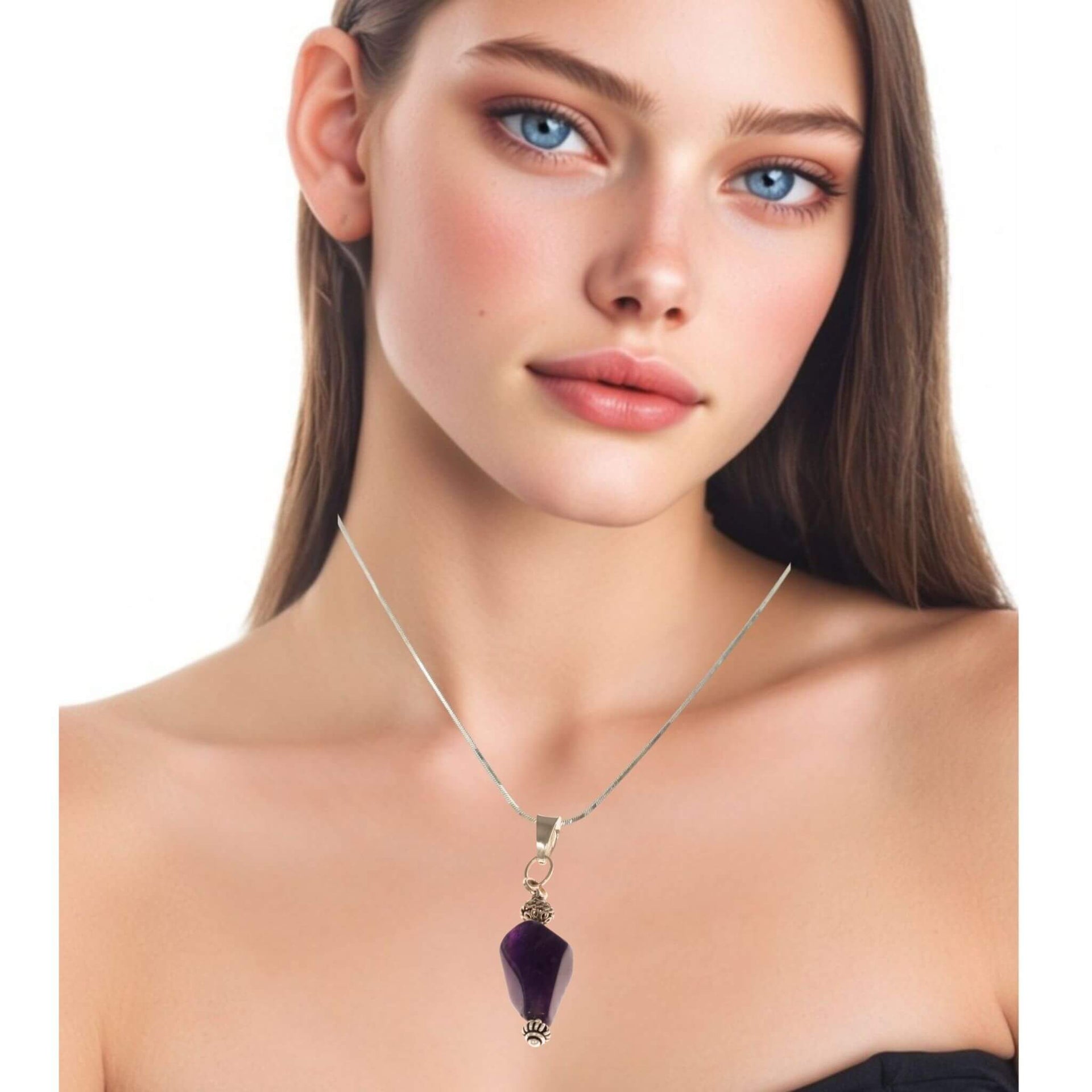 Collar colgante de amatista alargado y bolas labradas plata
