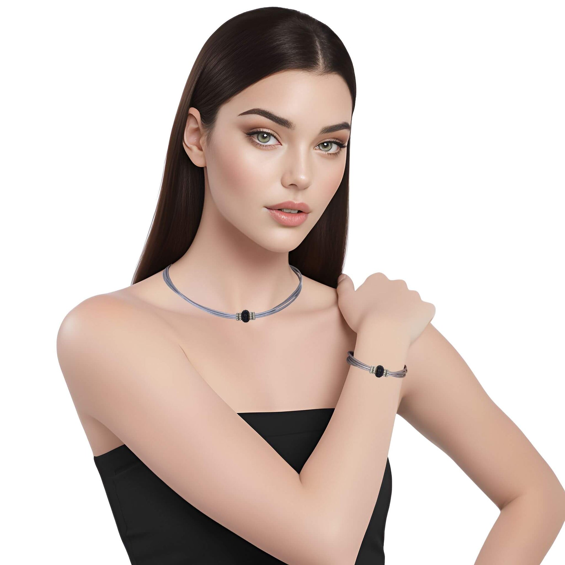 Set conjunto de pulsera y collar de cuero plata y strass negro