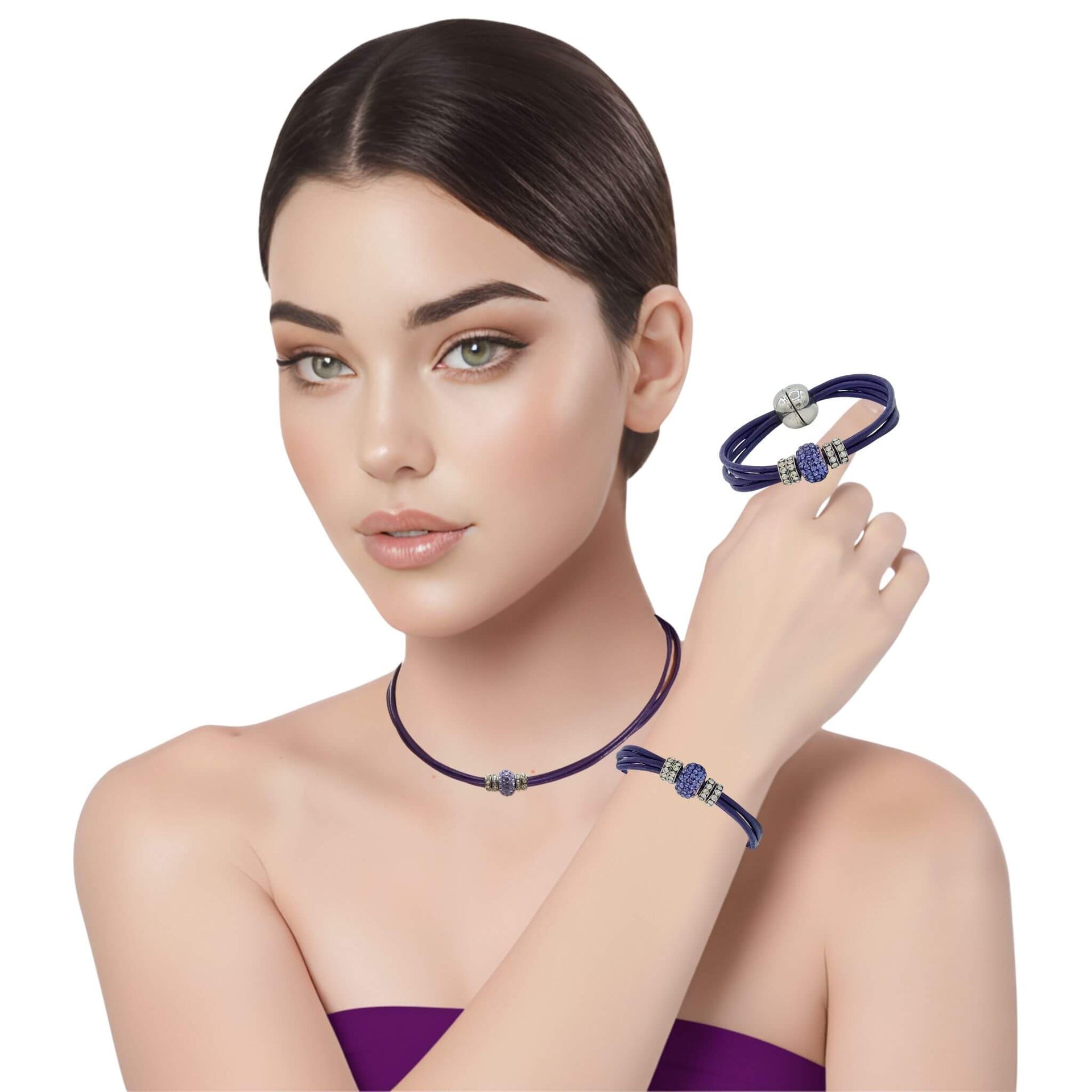 Set conjunto de collar gargantilla y pulsera de cuero morado y brillantes de cristal morado