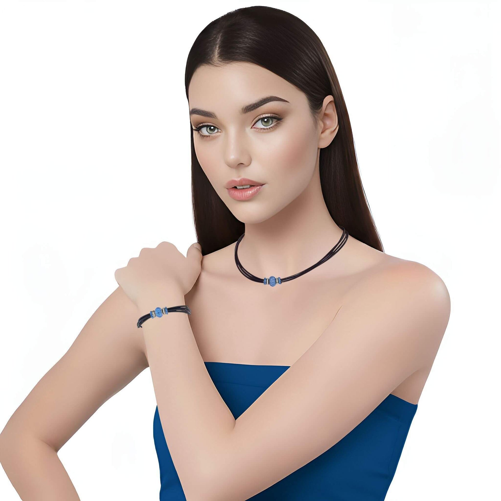 Set de pulsera y collar de cuero negro y brillantes de cristal azul