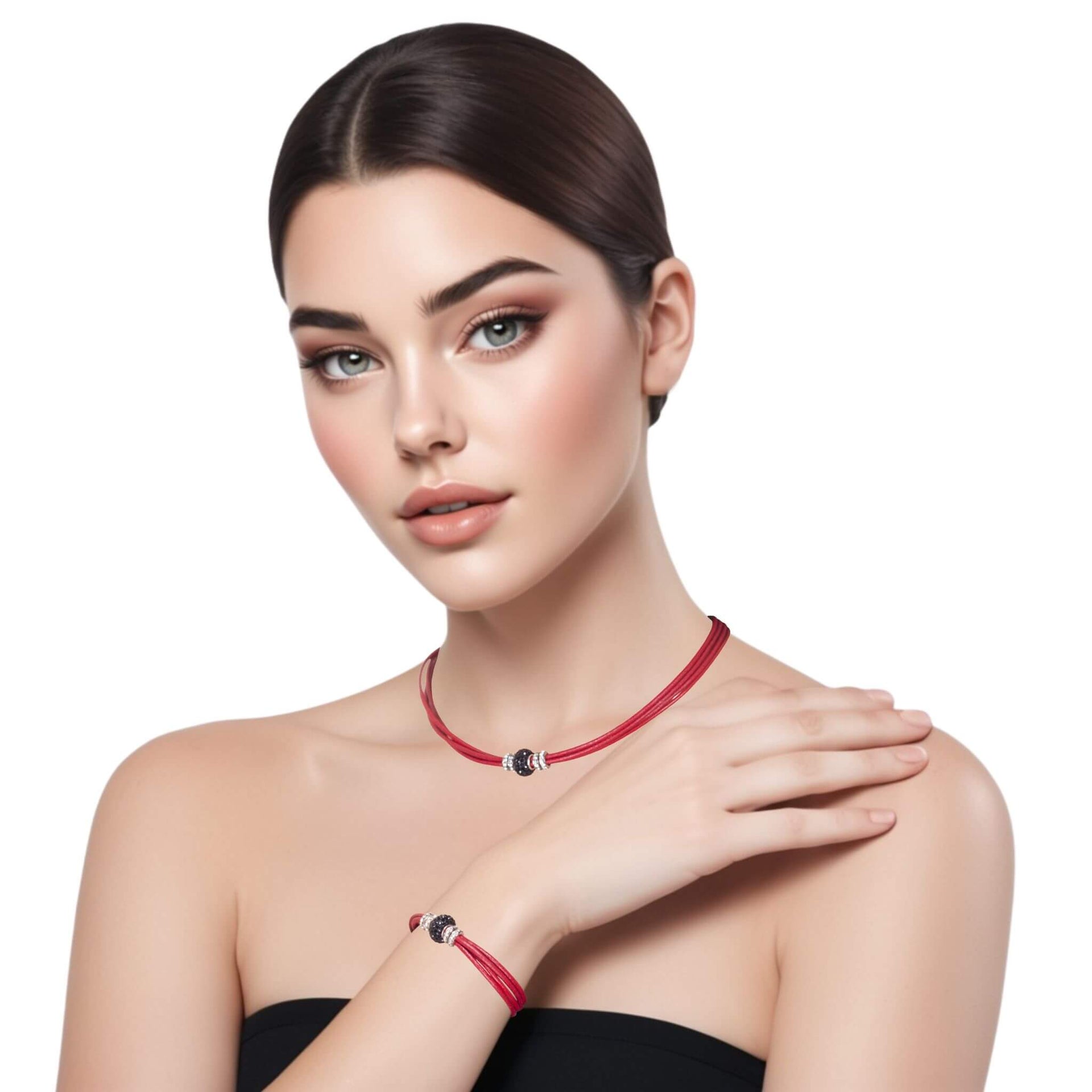 Set de pulsera y collar de cuero rojo y brillantes de cristal negro