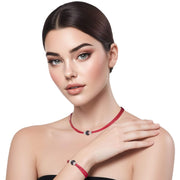 Set de pulsera y collar de cuero rojo y brillantes de cristal negro