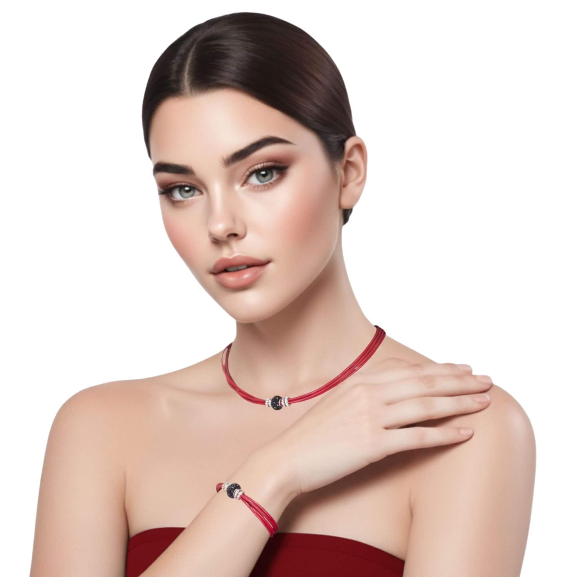 Set de pulsera y collar de cuero rojo y brillantes de cristal negro