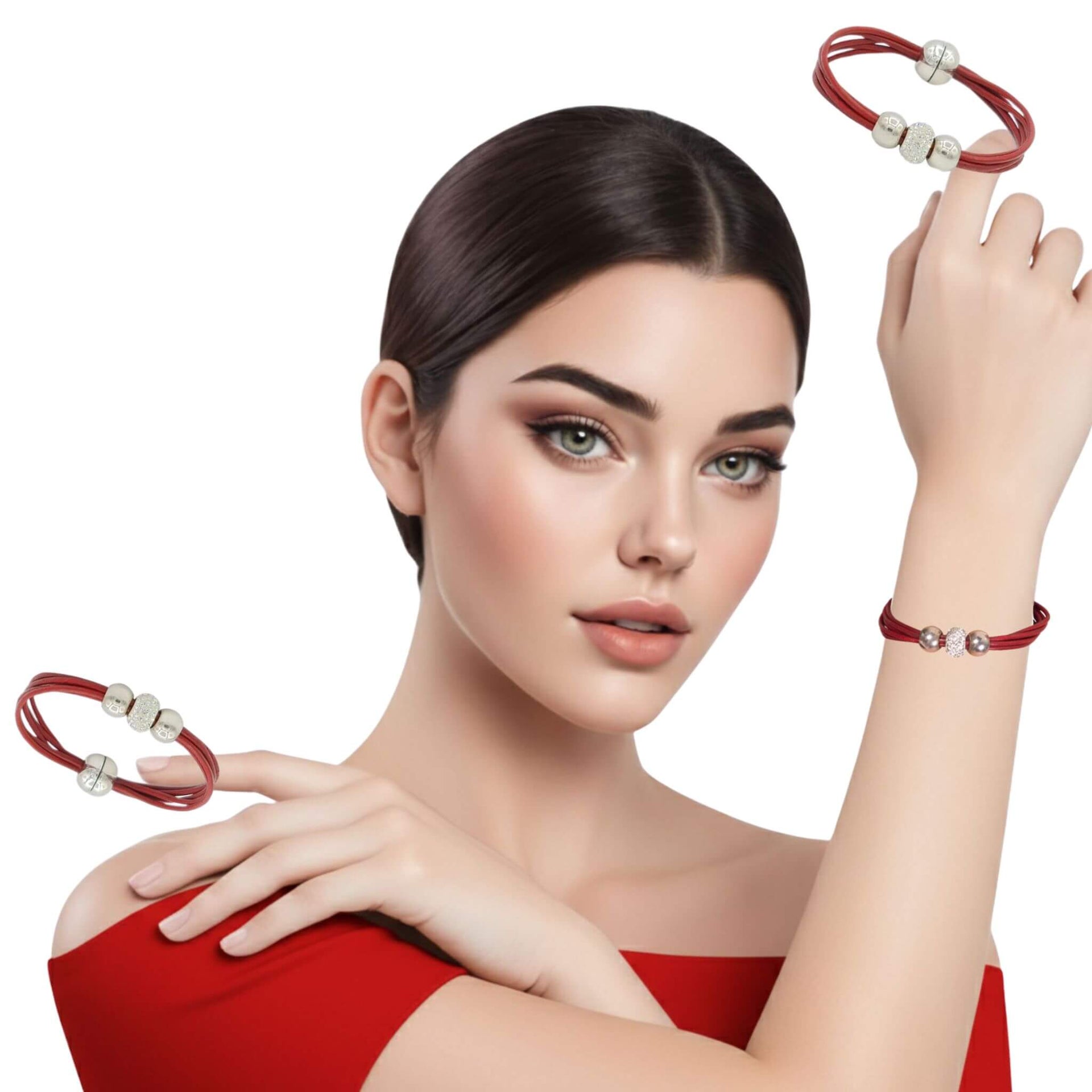 Pulsera de cuero rojo y brillantes de cristal blancos