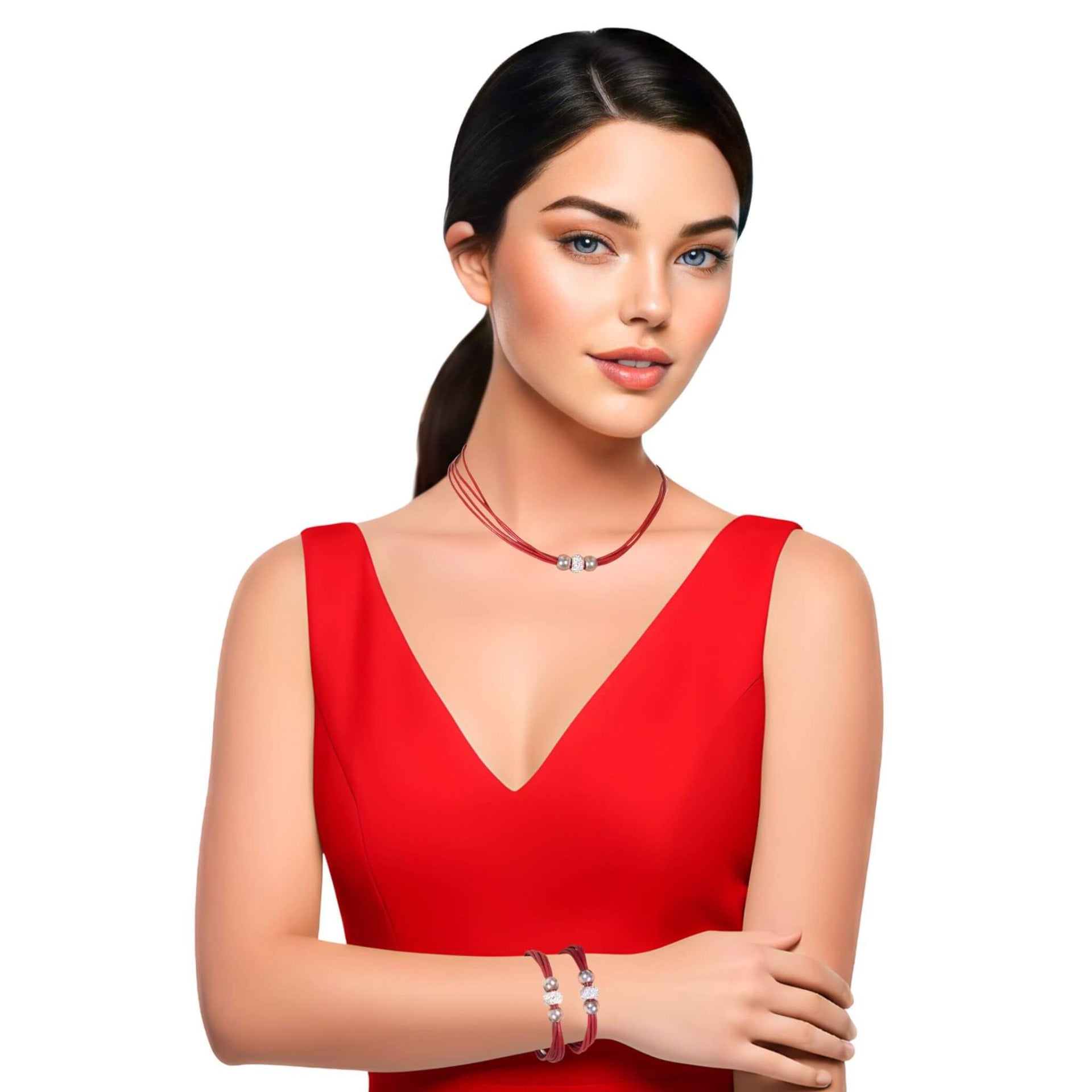 Set de pulsera y collar de cuero rojo y brillantes de cristal blancos