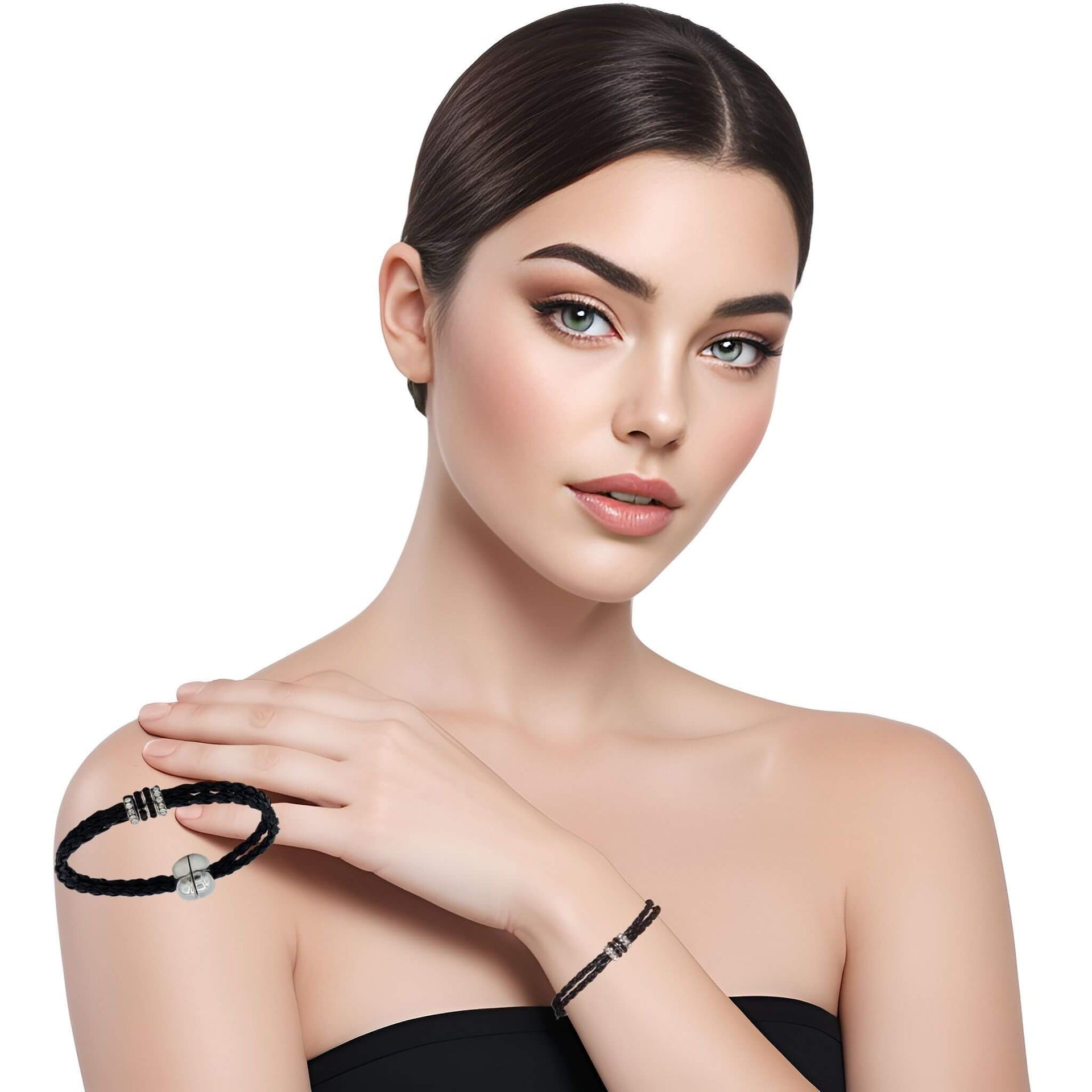 Pulsera de cuero sintético trenzado negro y rondelles de strass
