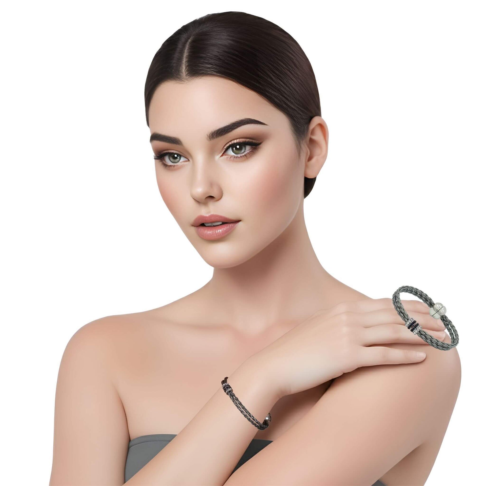 Pulsera de cuero sintético trenzado gris y rondelles de strass