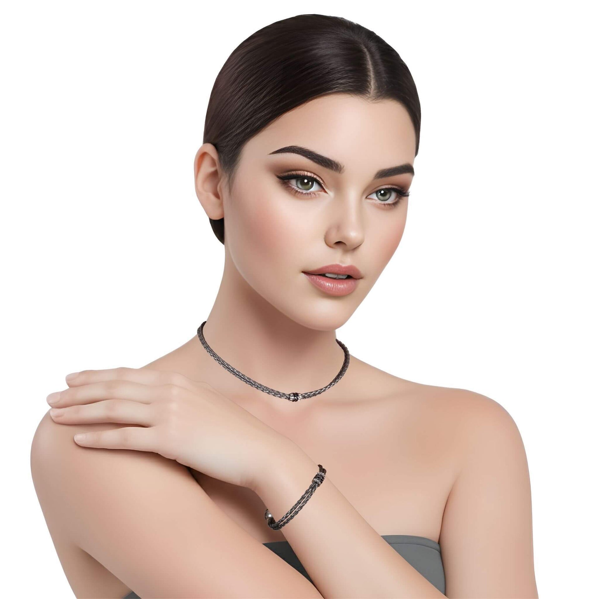 Set de pulsera y collar de cuero sintético trenzado gris y rondelles de strass
