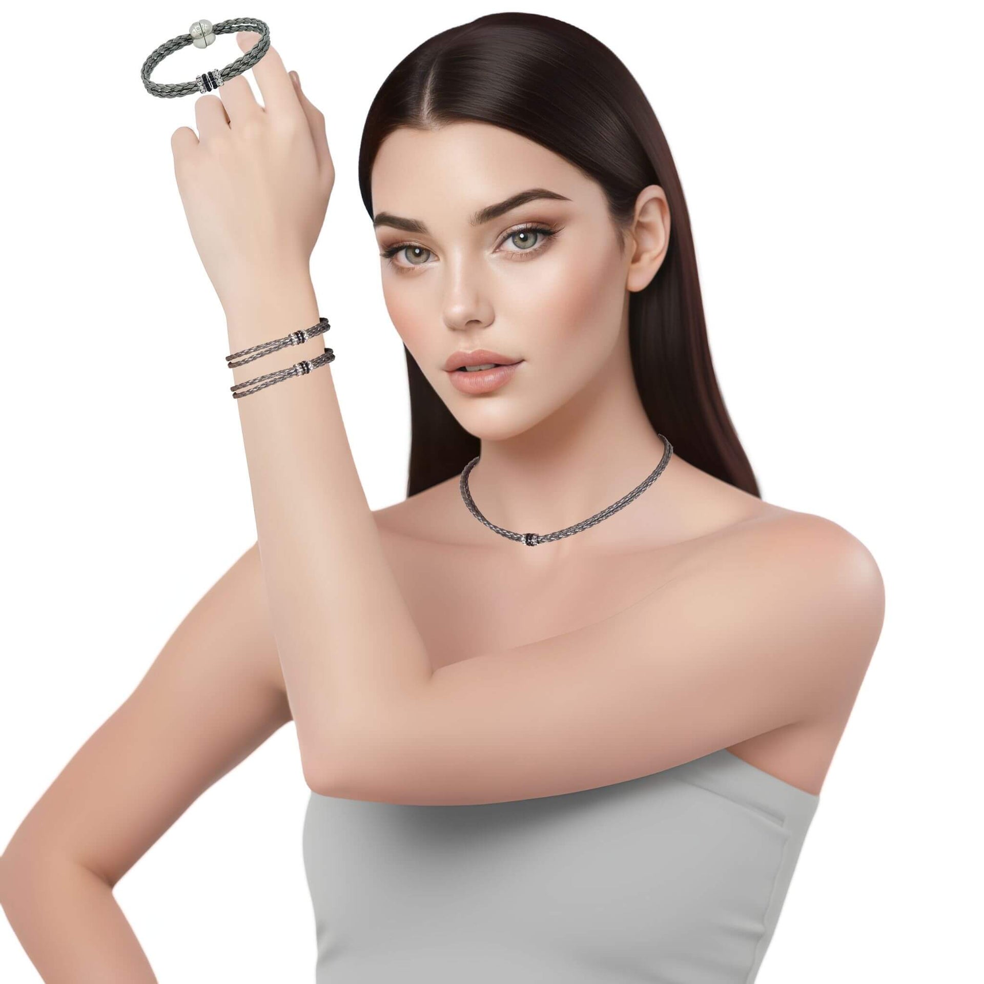 Set de pulsera y collar de cuero sintético trenzado gris y rondelles de strass
