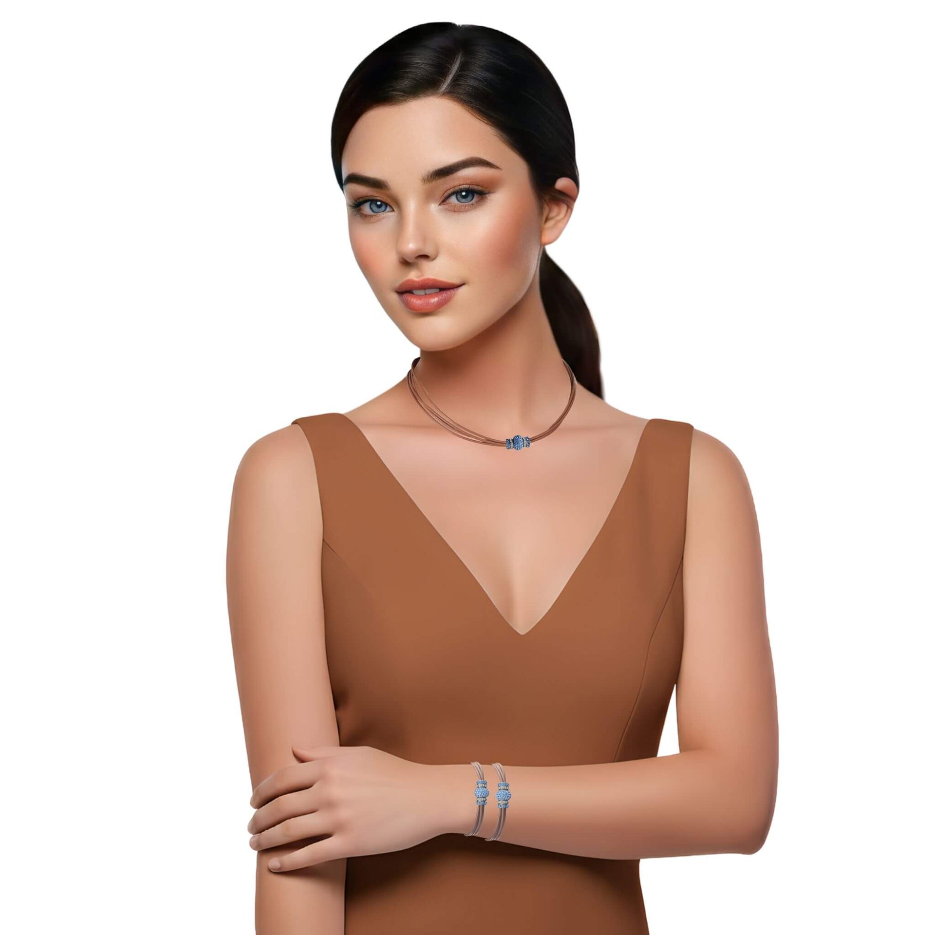 Set de pulsera y collar gargantilla de cuero marrón chocolate con central de brillantes en azul