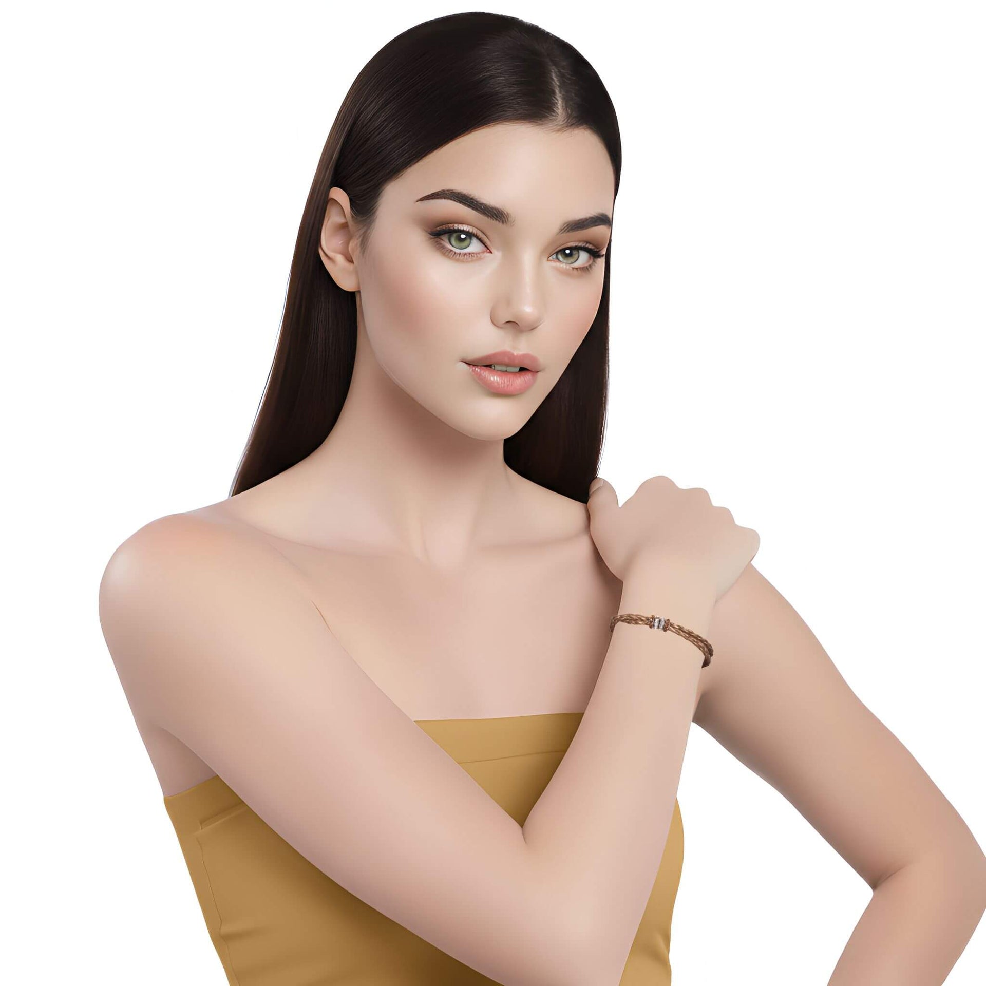 Pulsera de cuero sintético trenzado dorado y rondelles