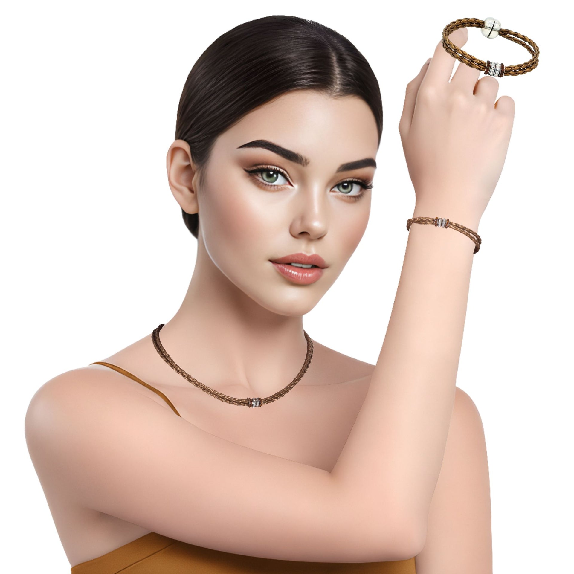 Set de Pulsera y collar de cuero sintético trenzado dorado con rondelles
