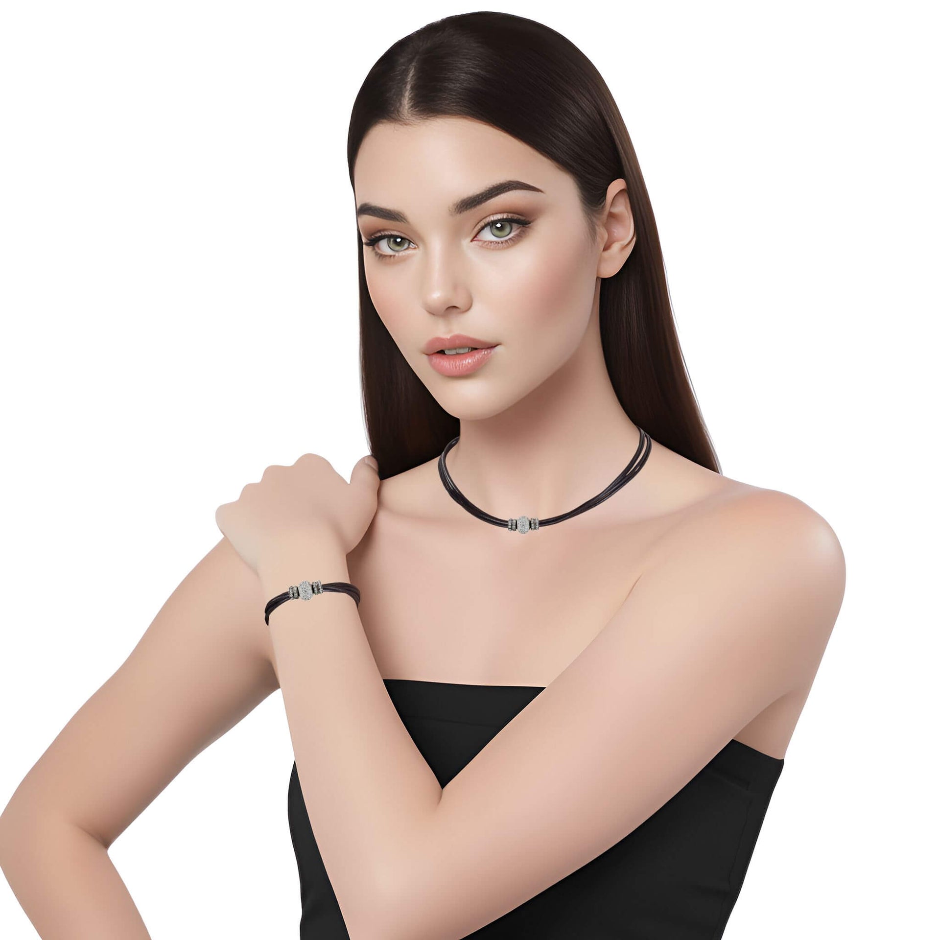 Set de pulsera y collar de cuero negro y brillantes de cristal blancos