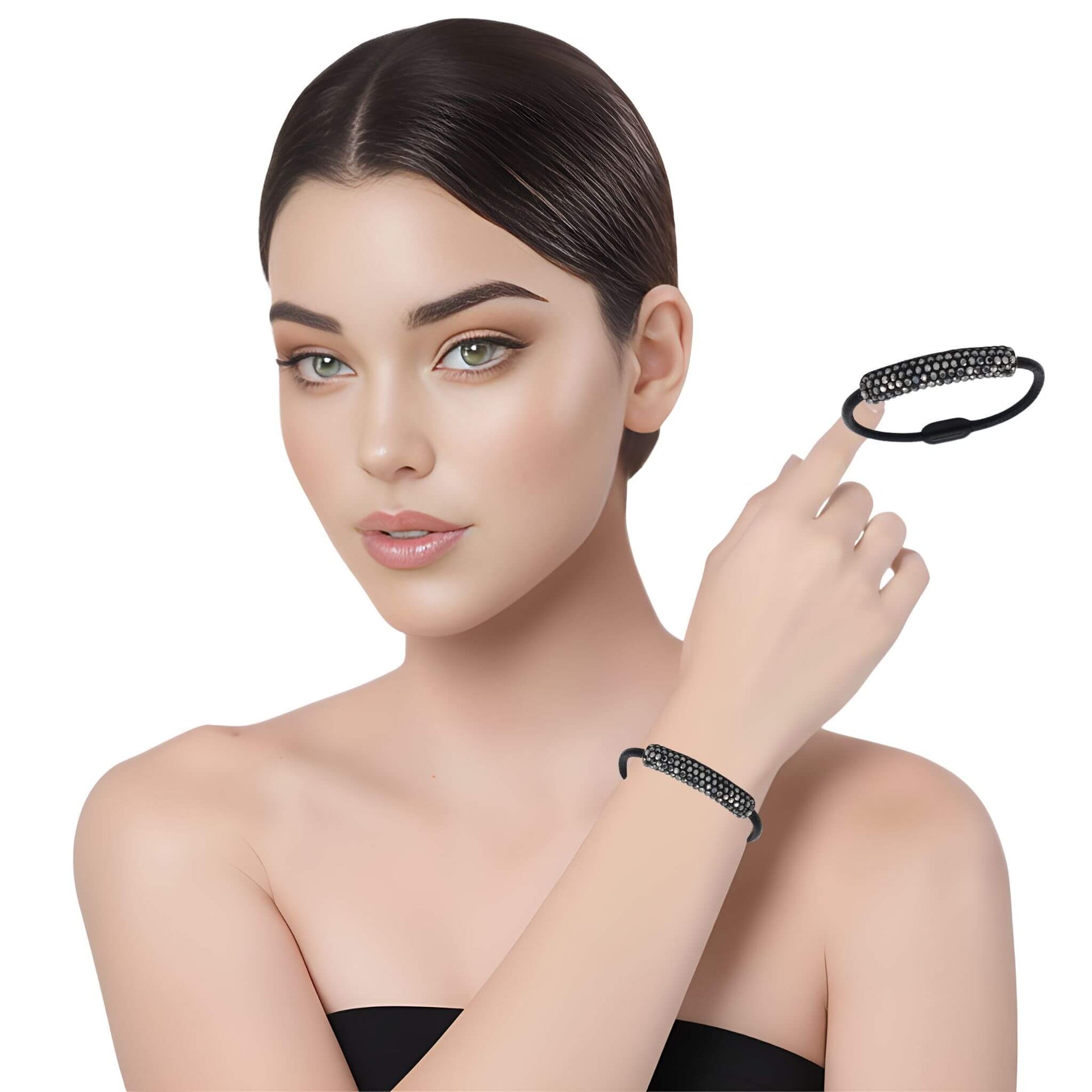 Pulsera de cuero negro y tubo de strass negro