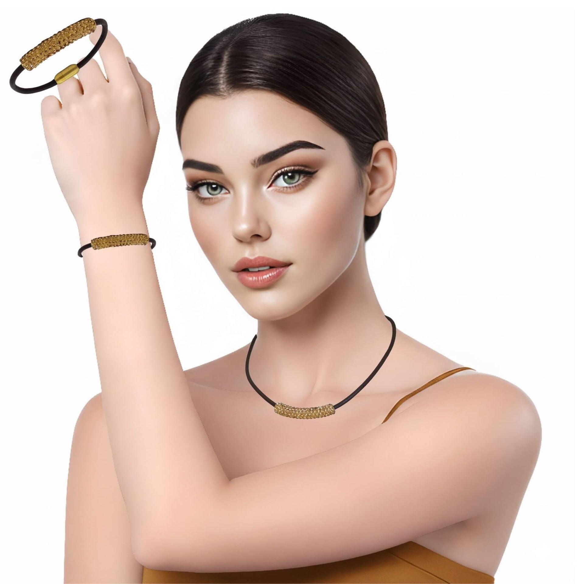 Set de Pulsera y collar de cuero marrón y tubo de strass dorado