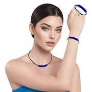 Set de Pulsera y collar de cuero negro y tubo de strass azulón