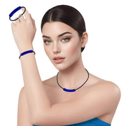 Set de Pulsera y collar de cuero negro y tubo de strass azulón