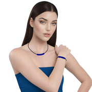 Set de Pulsera y collar de cuero negro y tubo de strass azulón