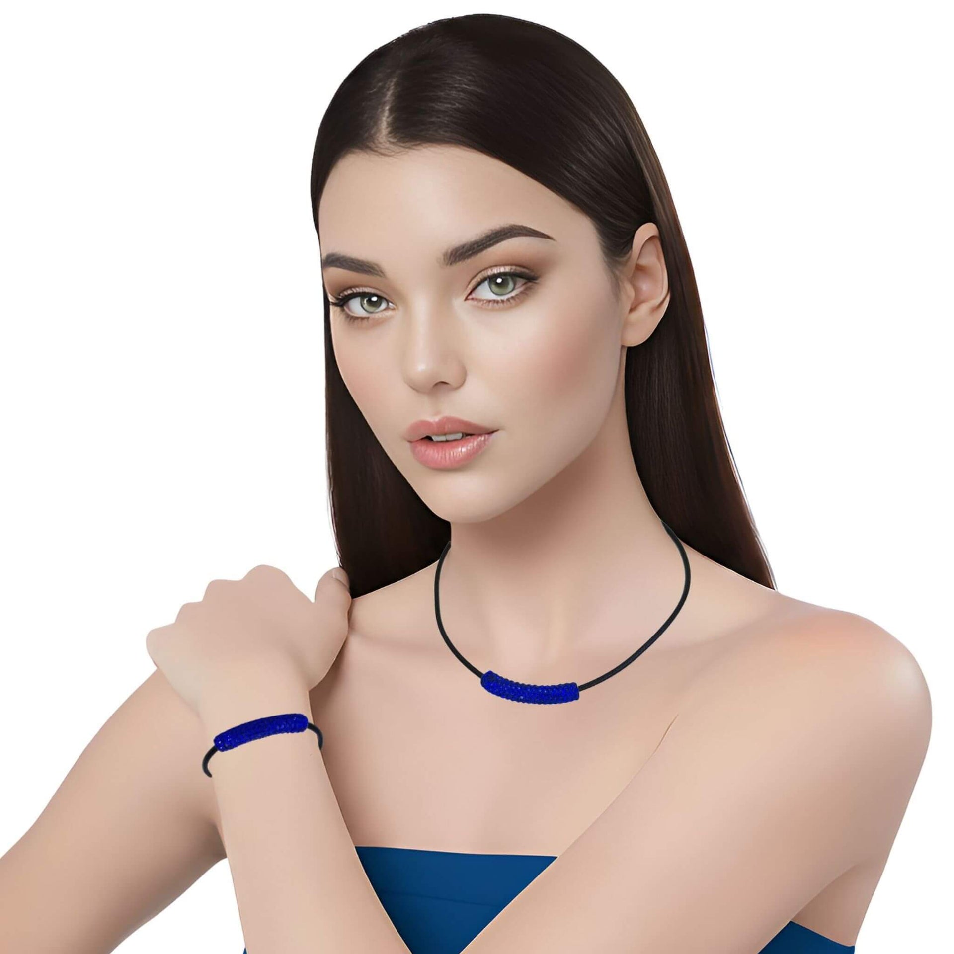 Set de Pulsera y collar de cuero negro y tubo de strass azulón