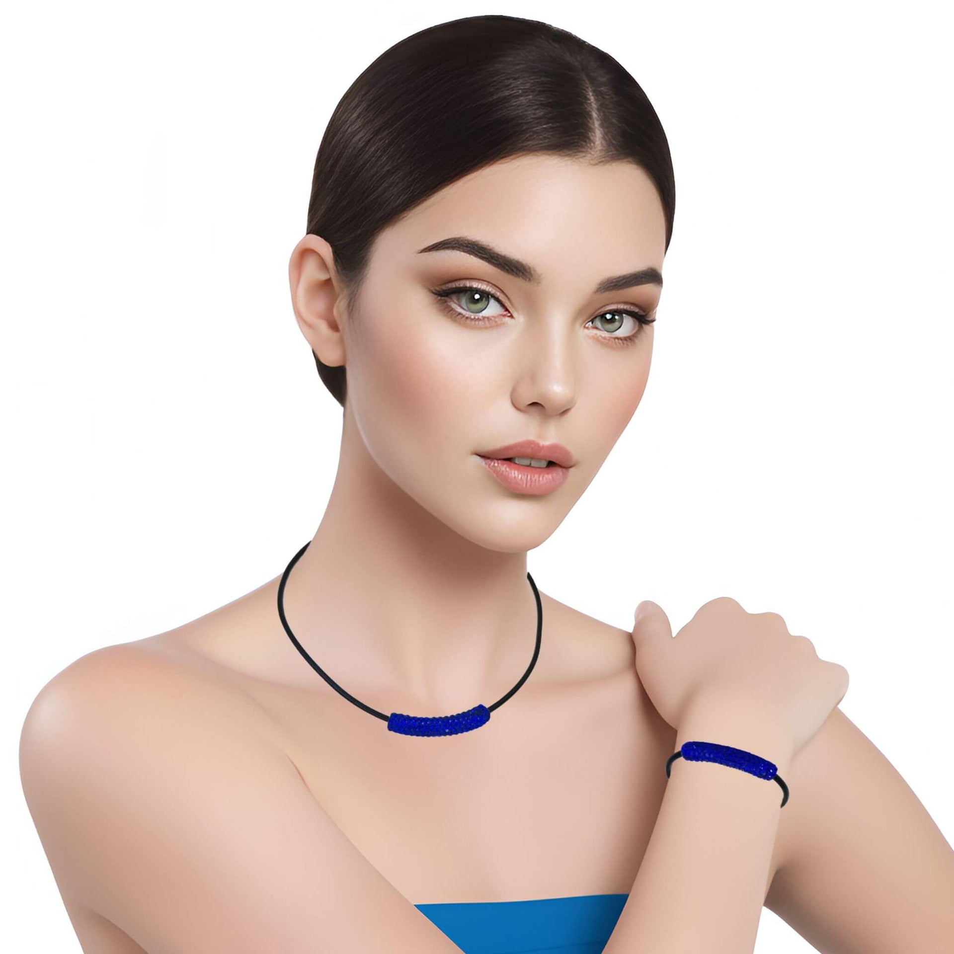 Set de Pulsera y collar de cuero negro y tubo de strass azulón