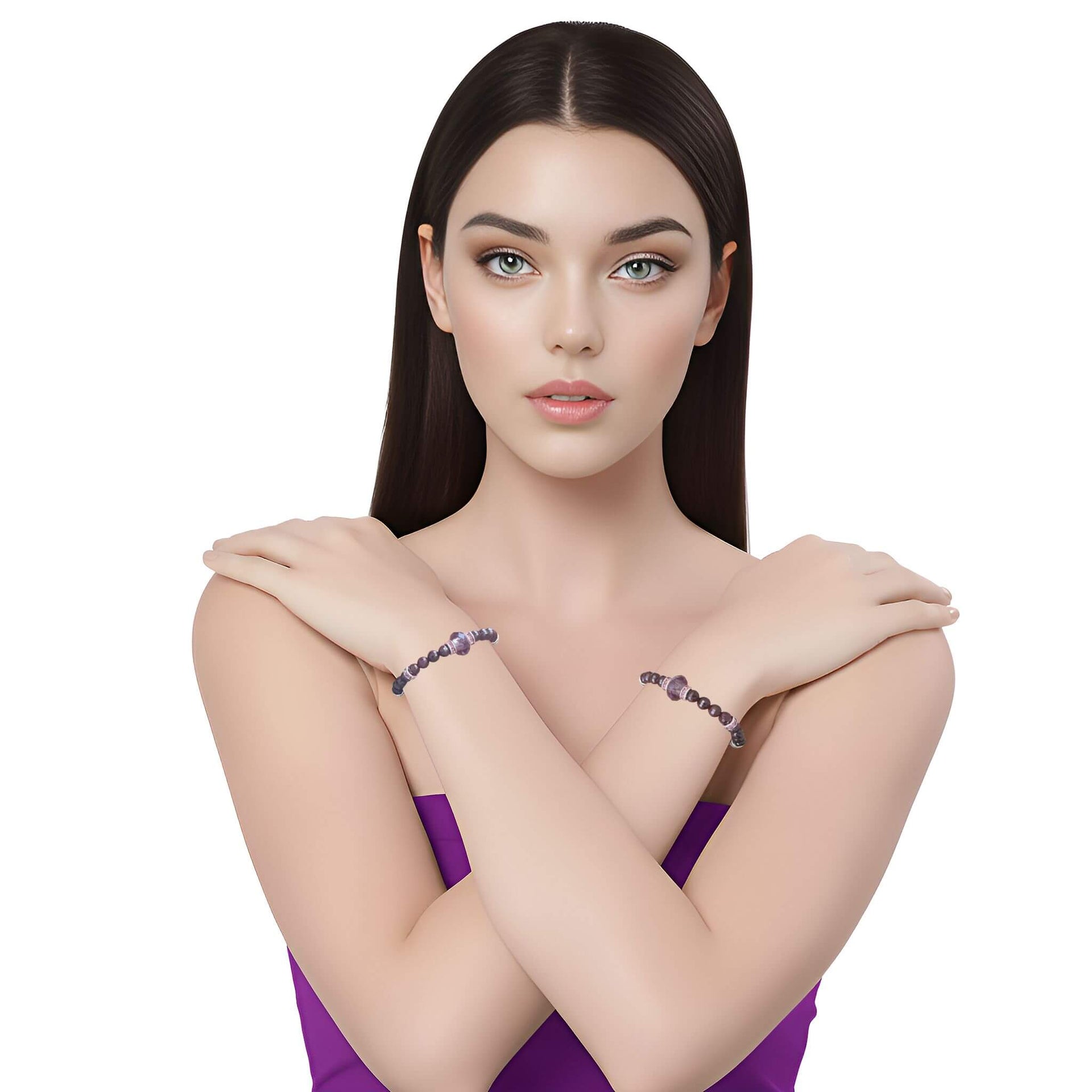 Pulsera de granate facetado y central de cristal fino morado