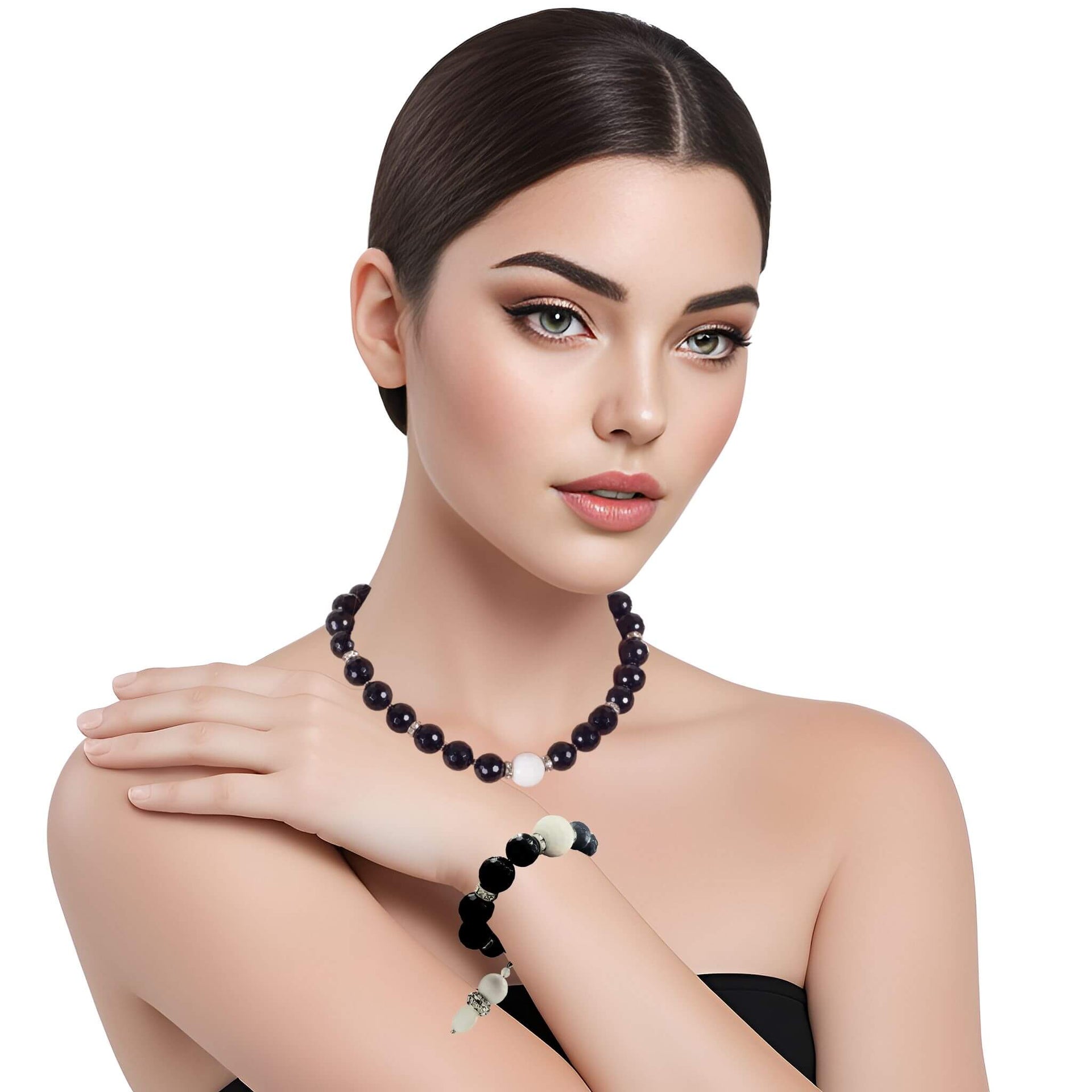 Set de pulsera y collar de onix facetado negro y bola jade central en blanco