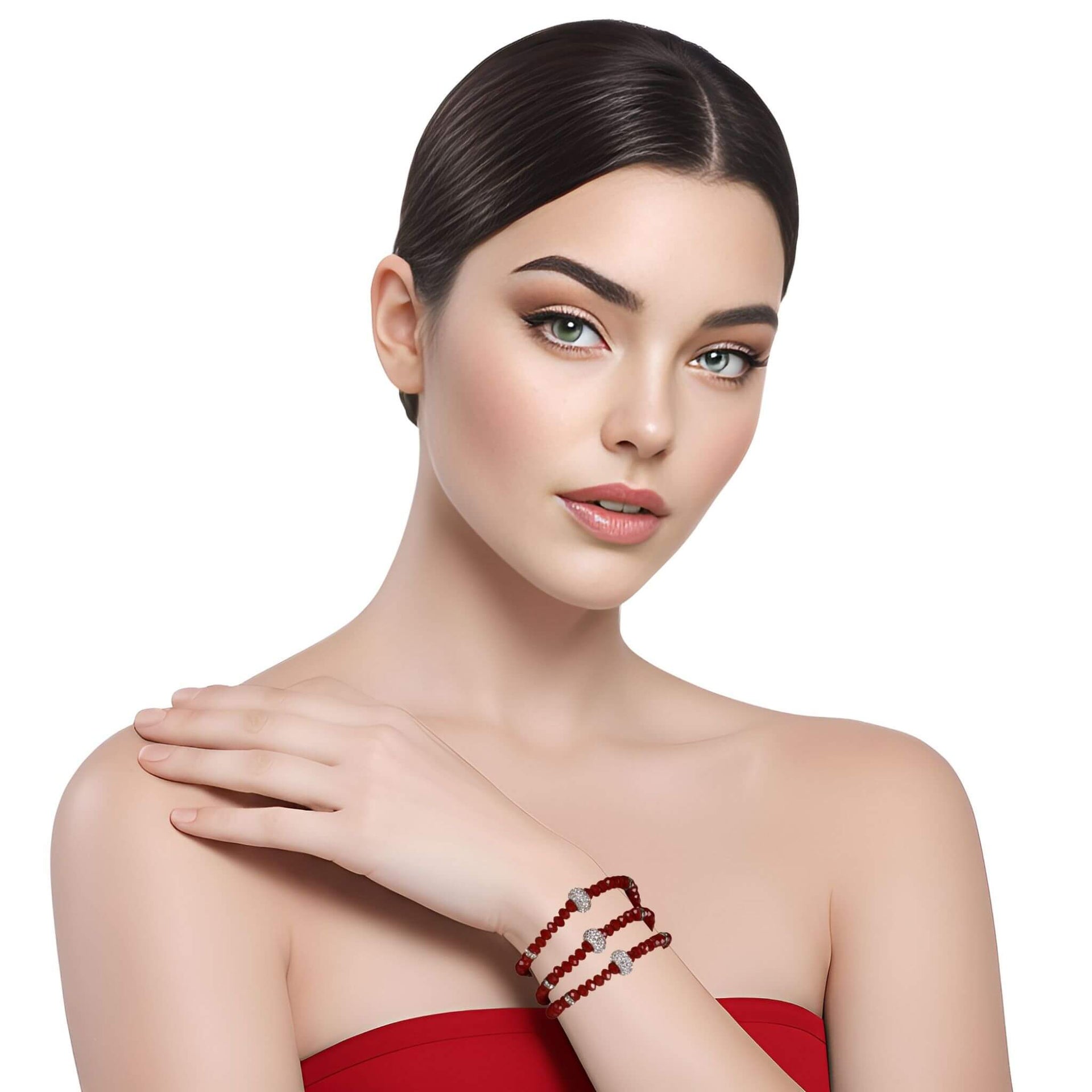Pulsera de cristal rojo y central de brillantes de cristal en blanco