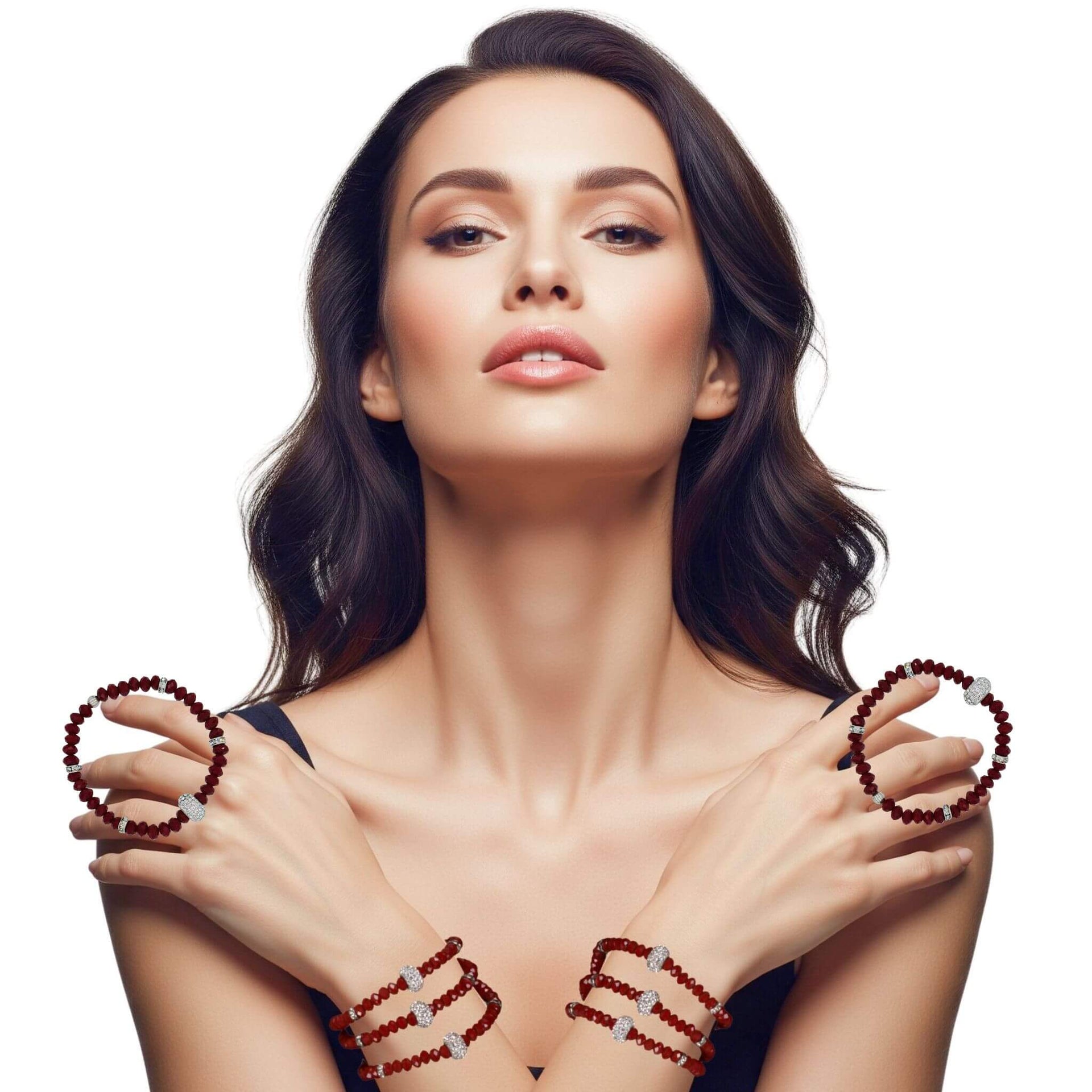 Pulsera de cristal rojo y central de brillantes de cristal en blanco