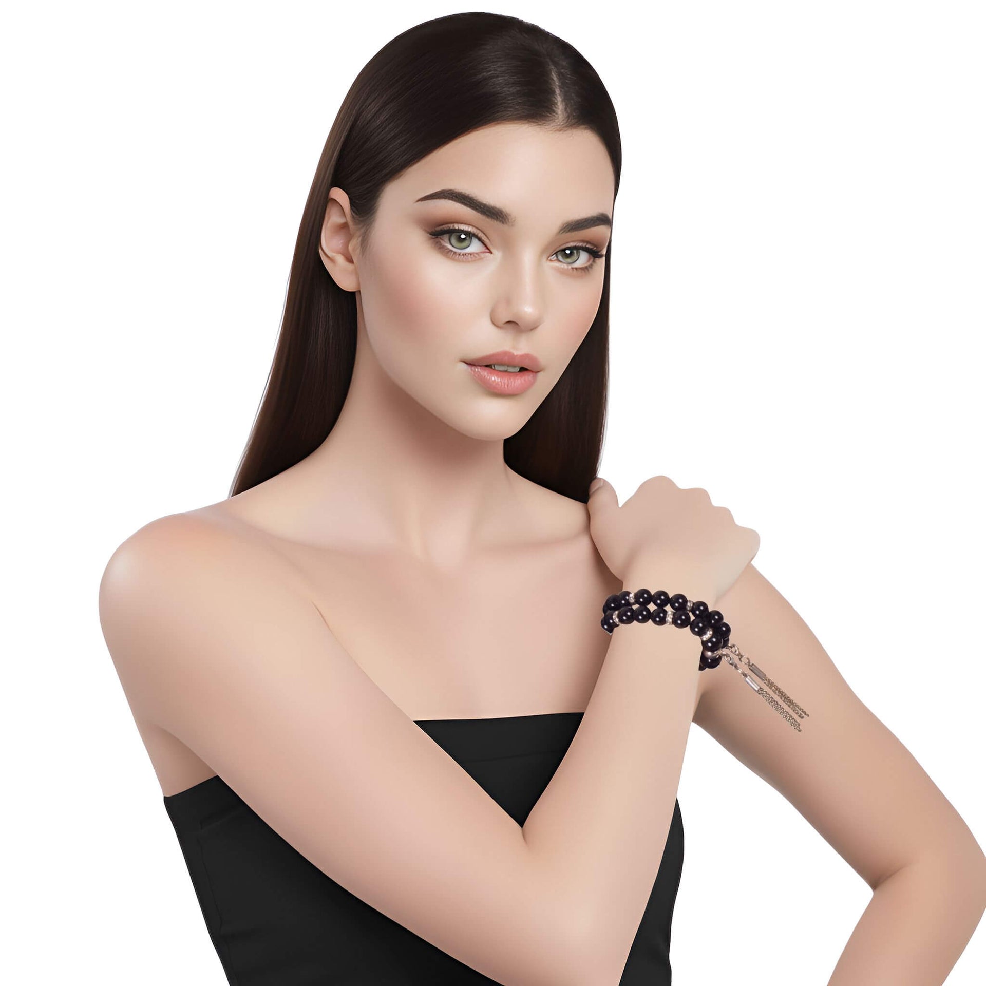 Pulsera de onix liso y borla colgante con flecos de plata