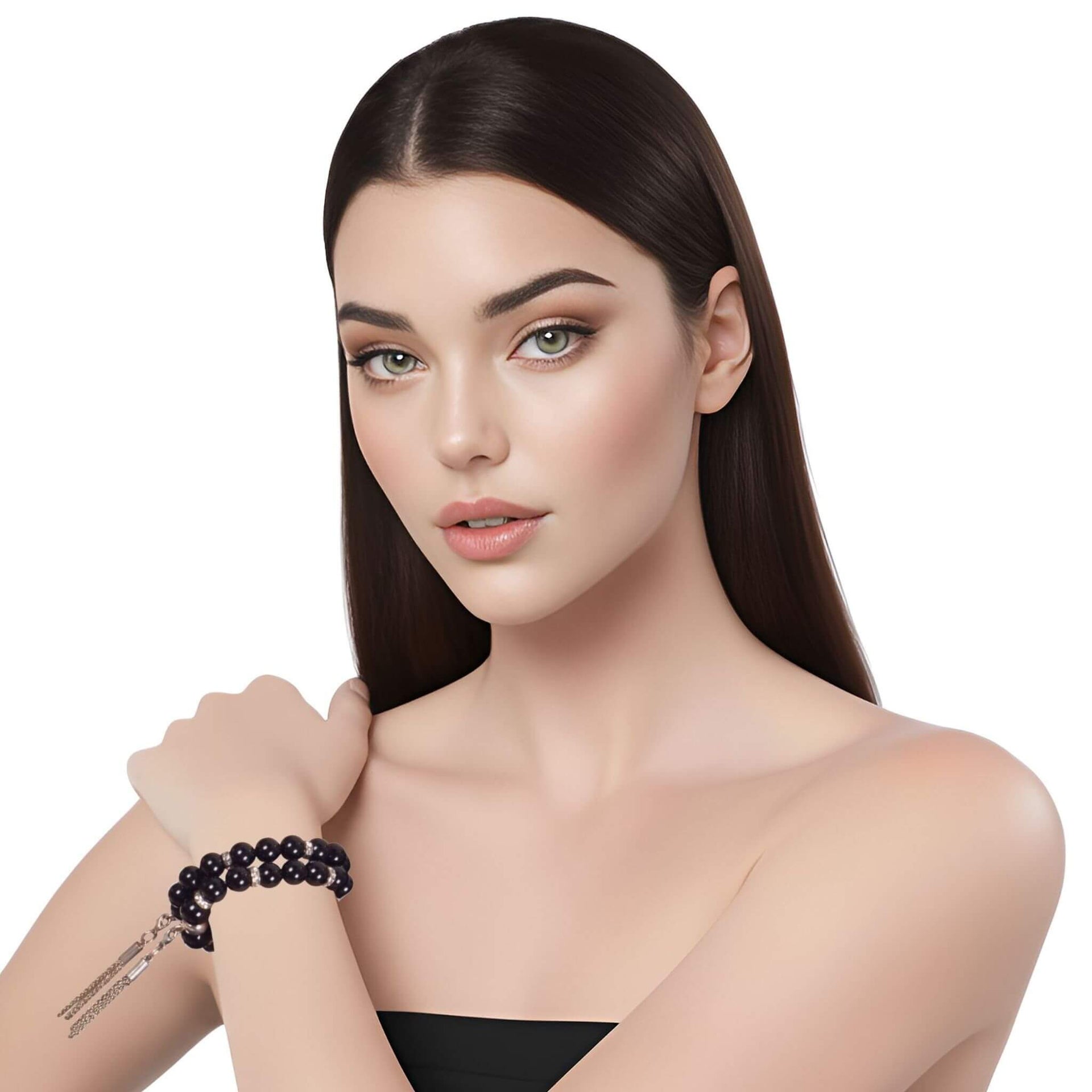 Pulsera de onix liso y borla colgante con flecos de plata