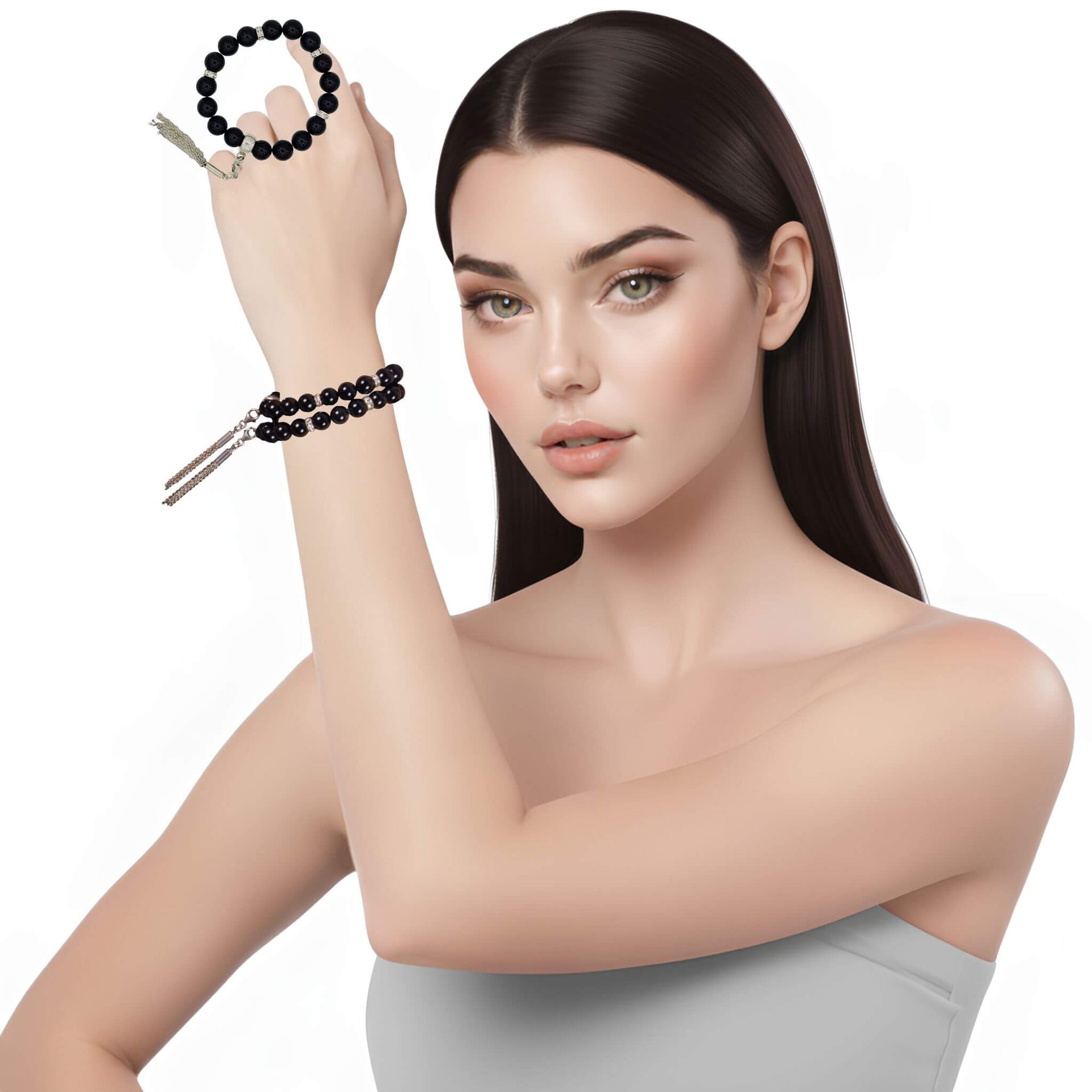 Pulsera de onix liso y borla colgante con flecos de plata
