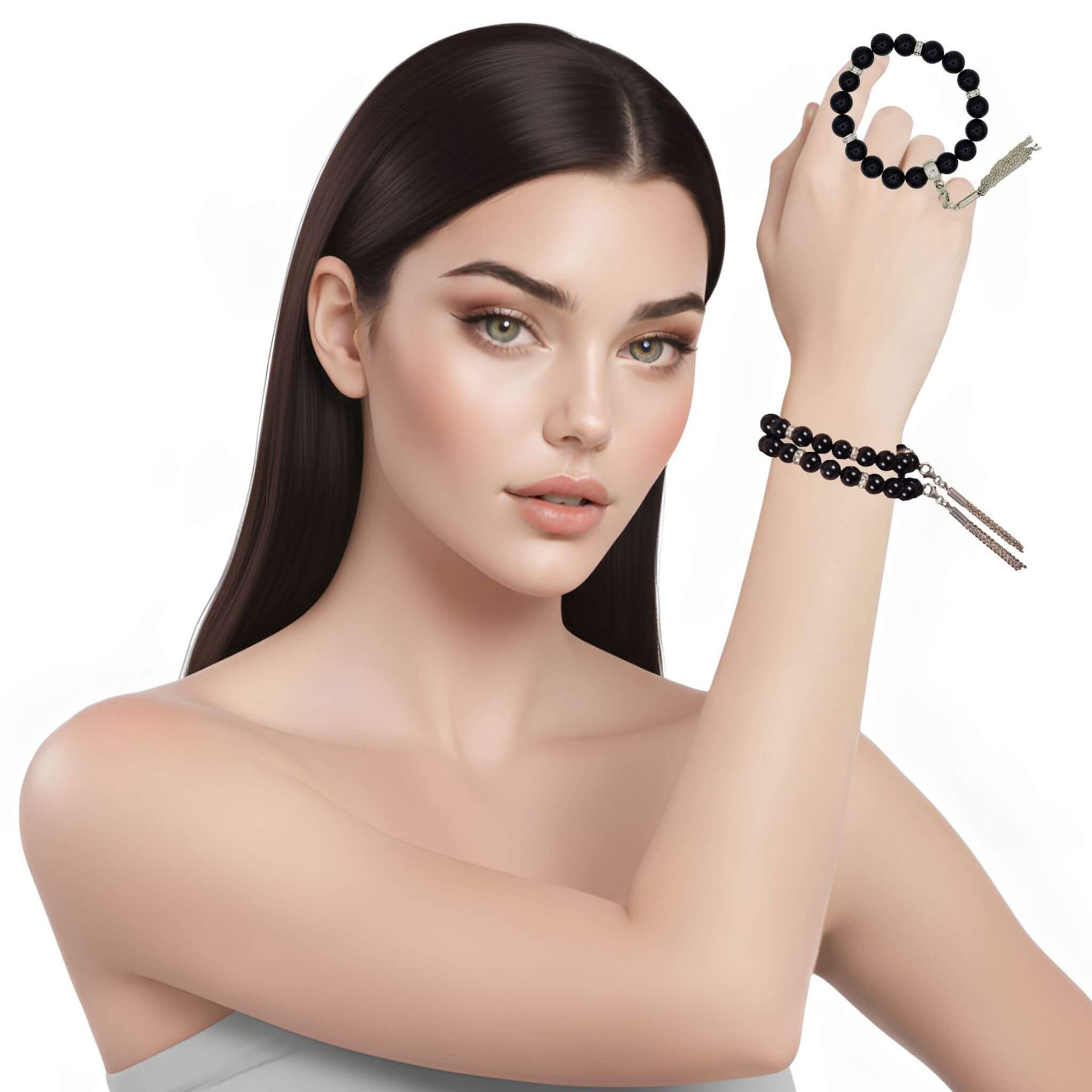 Pulsera de onix liso y borla colgante con flecos de plata