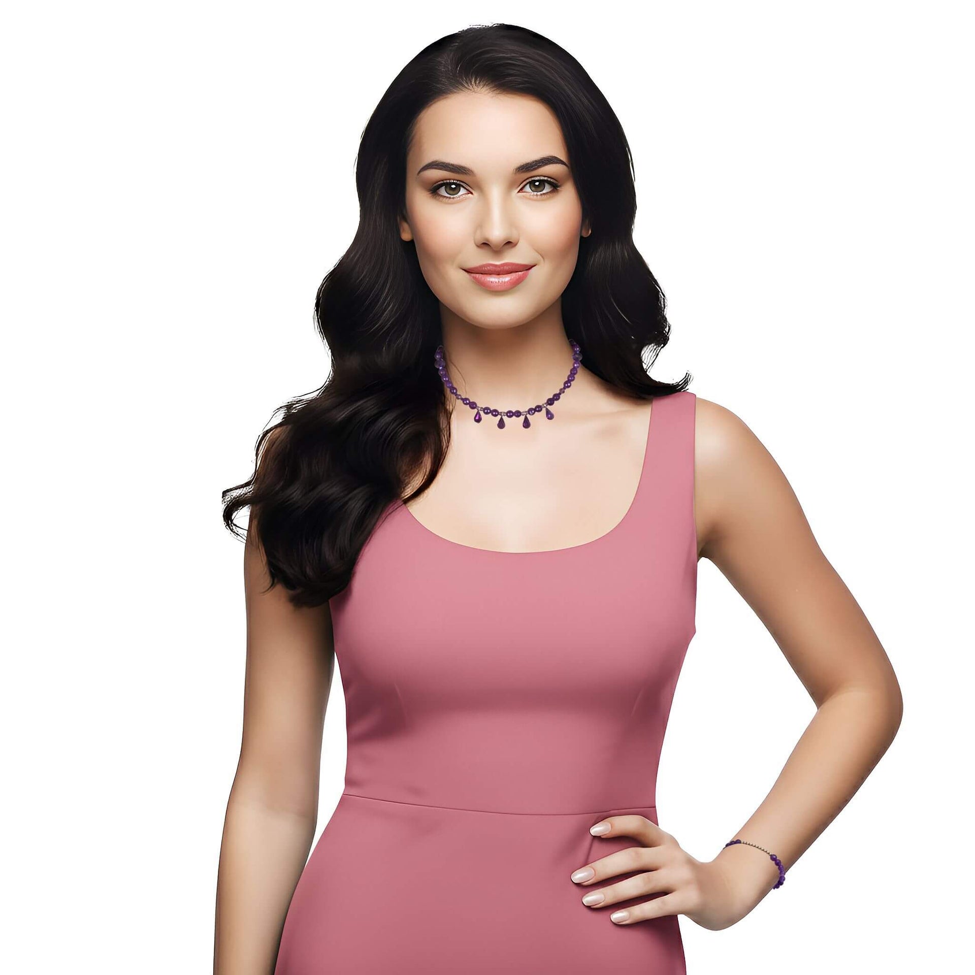 Set de Pulsera y Collar de ágata morada facetada de 4 lágrimas