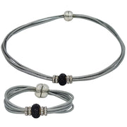 Set conjunto de pulsera y collar de cuero plata y strass negro