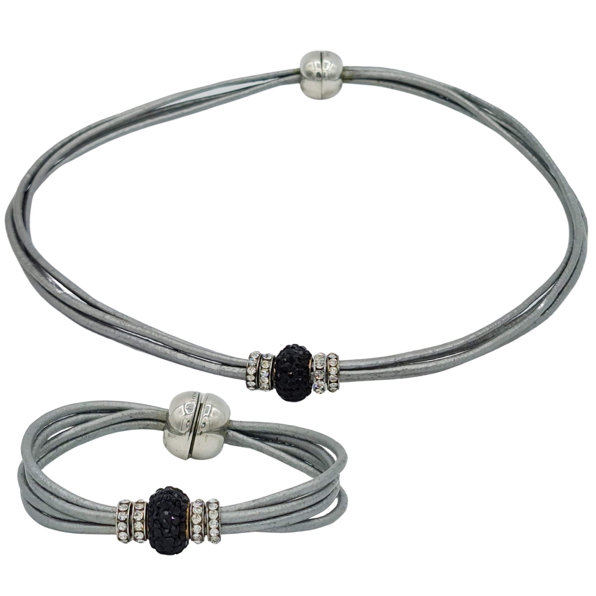 Set conjunto de pulsera y collar de cuero plata y strass negro