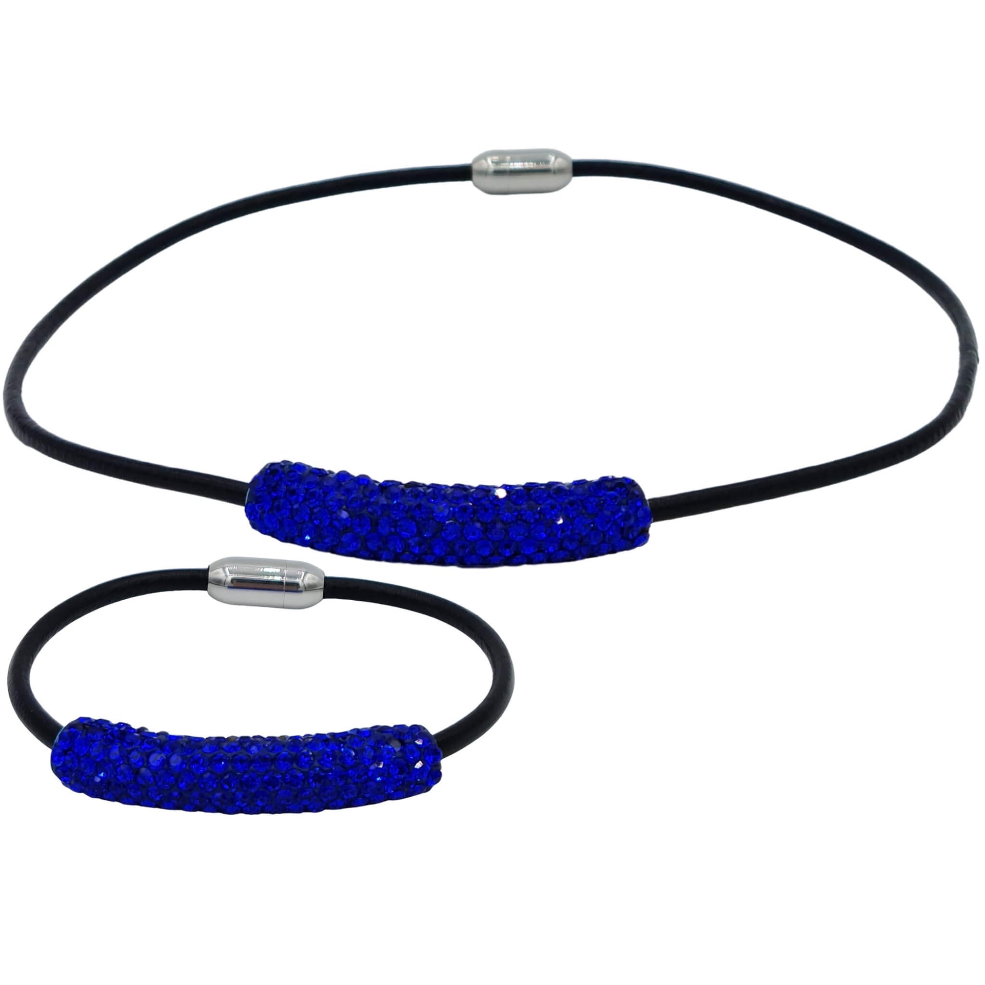 Set conjunto de Pulsera y collar de cuero negro y tubo de strass azulón
